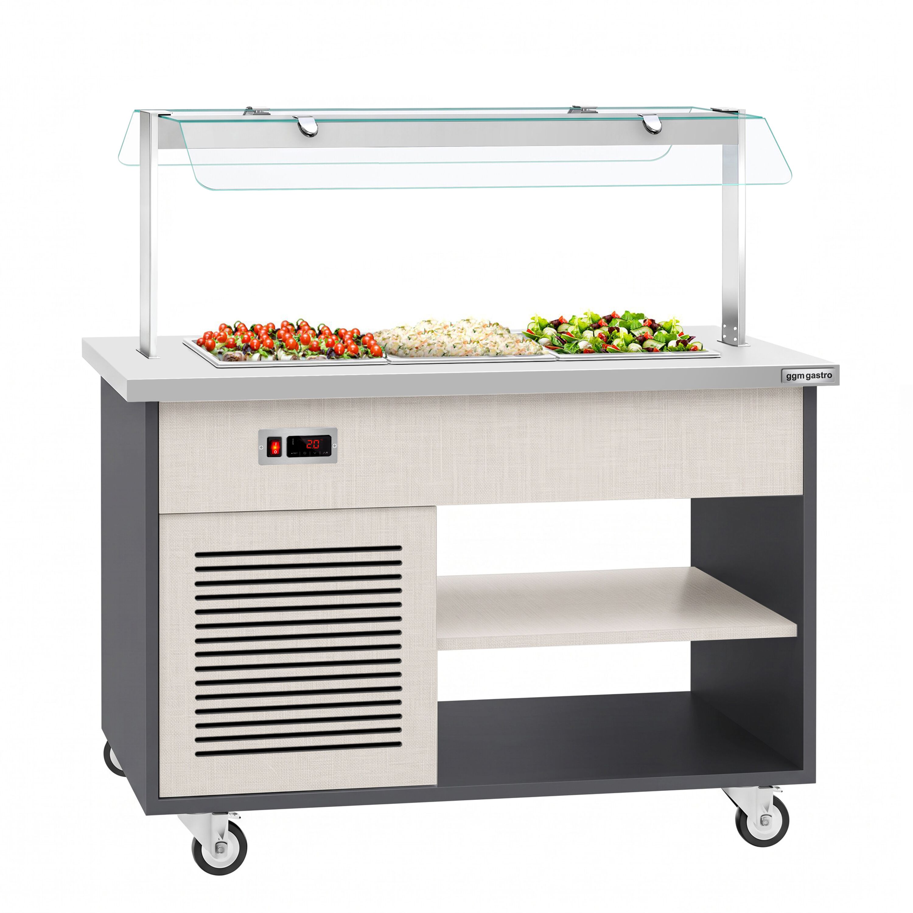 Refrigerated Salad Bar Trolley DANZIG - 1300mm - for 3x GN 1/1 - Mobile - with Gantry - with Sneeze Screen