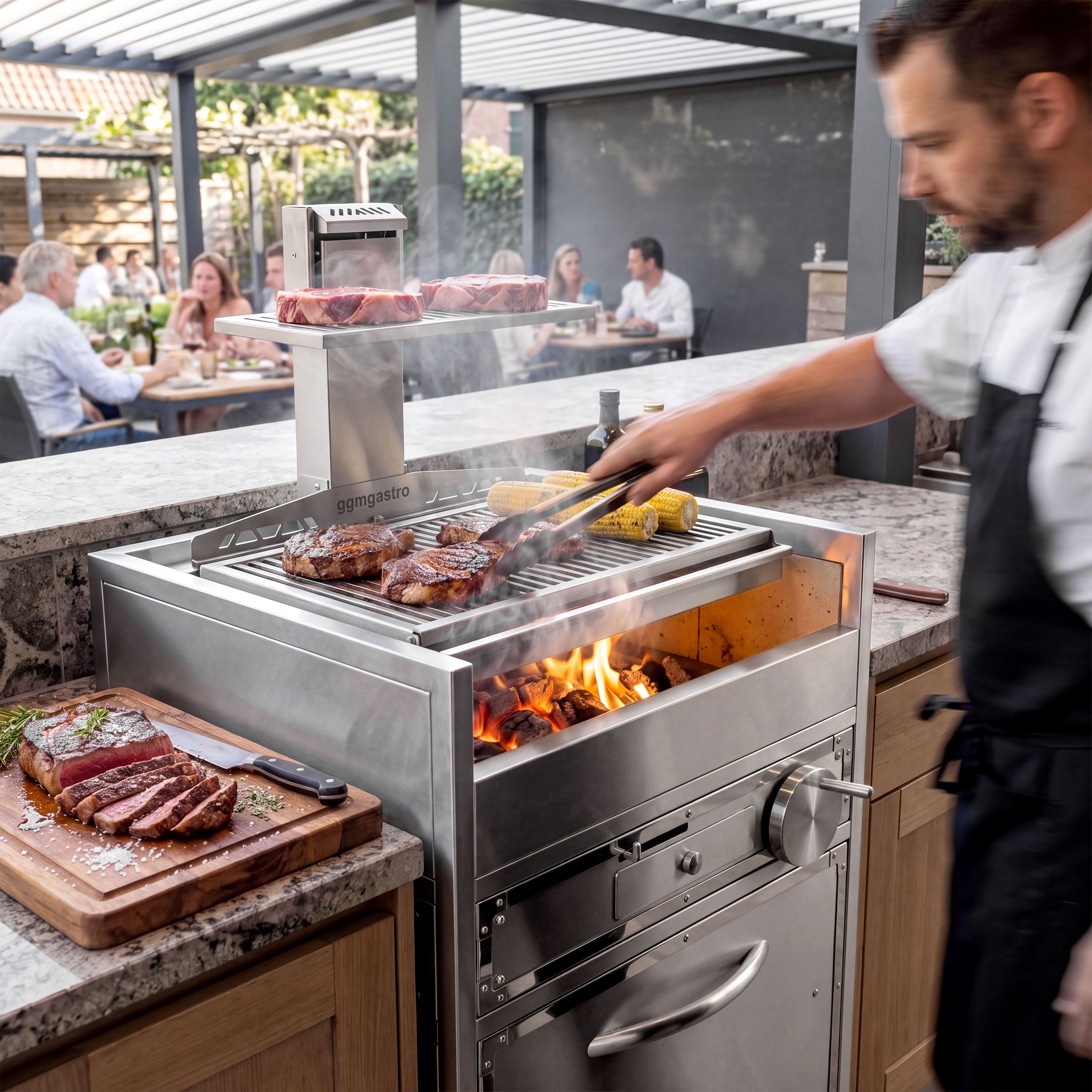 Charcoal barbecue – 2 height-adjustable grill racks – with ash drawer & storage drawer