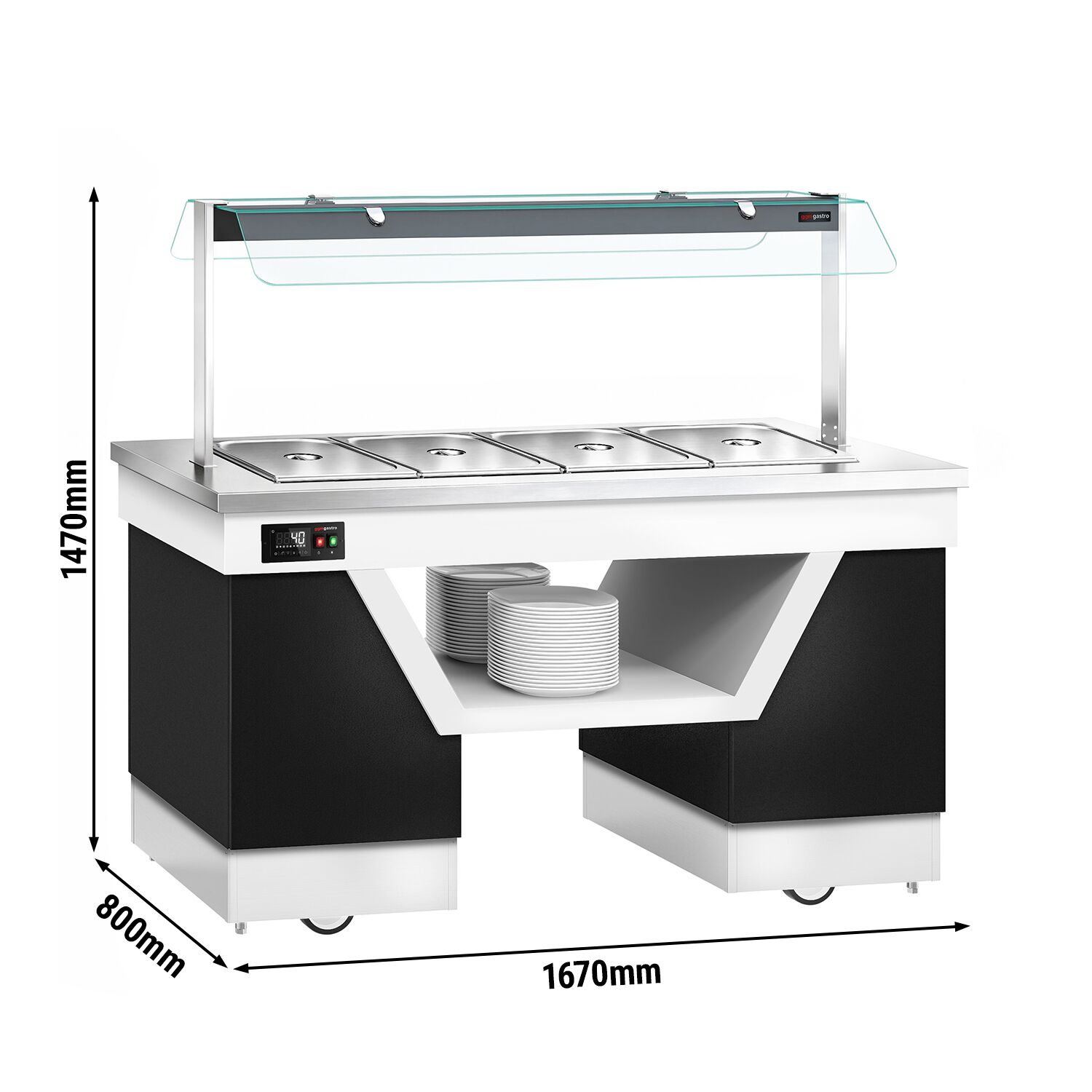 Hot buffet counter – with bain-marie – 1670 mm – for 4x GN 1/1 – incl. plate rack and castors