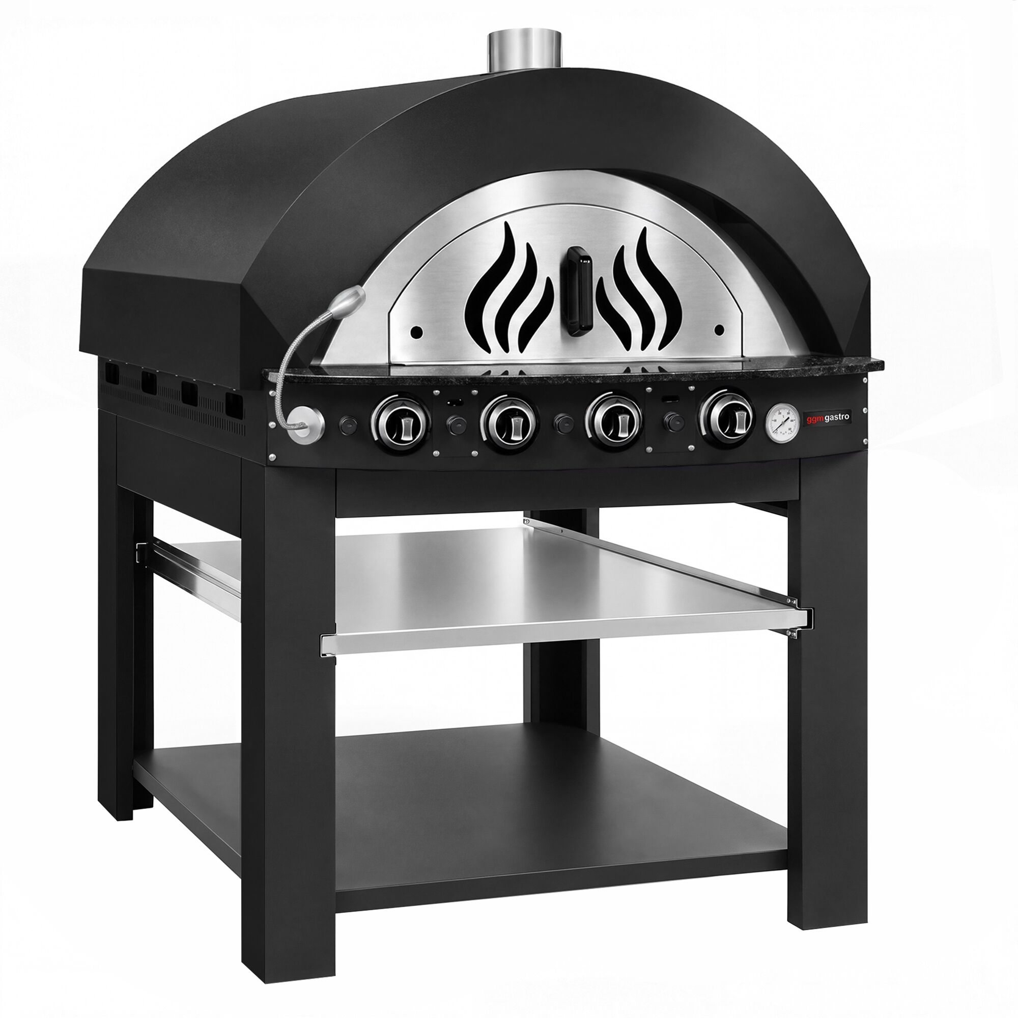 Gas Deck Pizza Oven - Single Deck - 4x Ø30 cm - Mechanical Controls - Black - up to 400°C - incl. Base frame