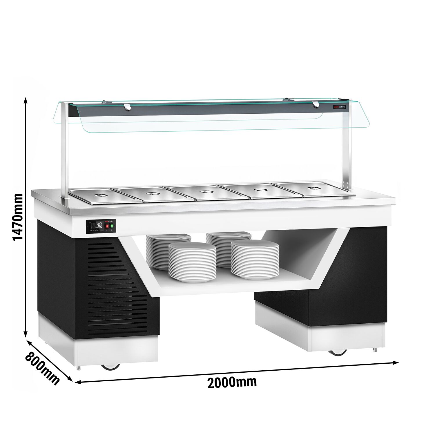 Hot buffet counter – with bain-marie – 2000 mm – for 5x GN 1/1 – incl. plate rack and castors