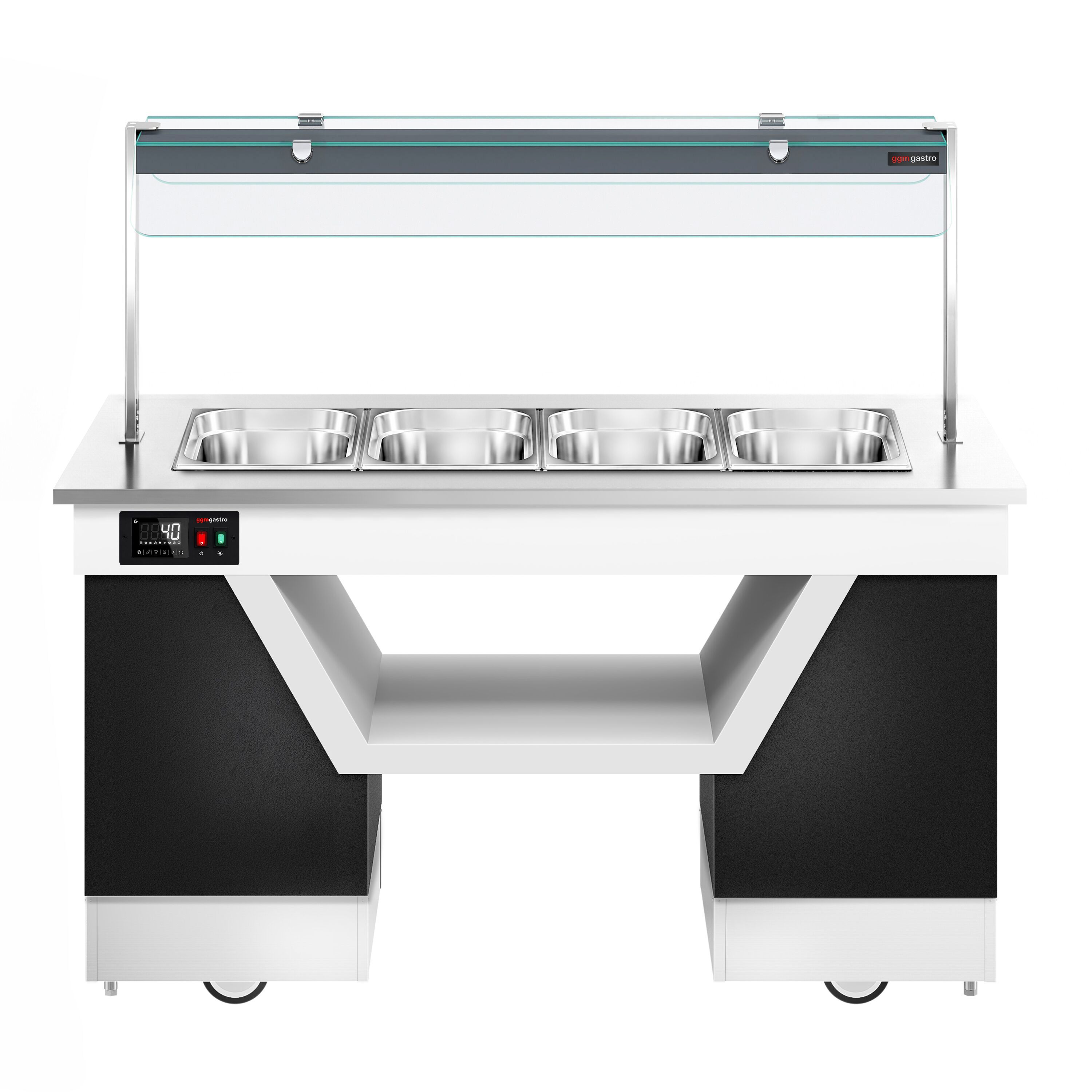 Hot buffet counter – with bain-marie – 1670 mm – for 4x GN 1/1 – incl. plate rack and castors