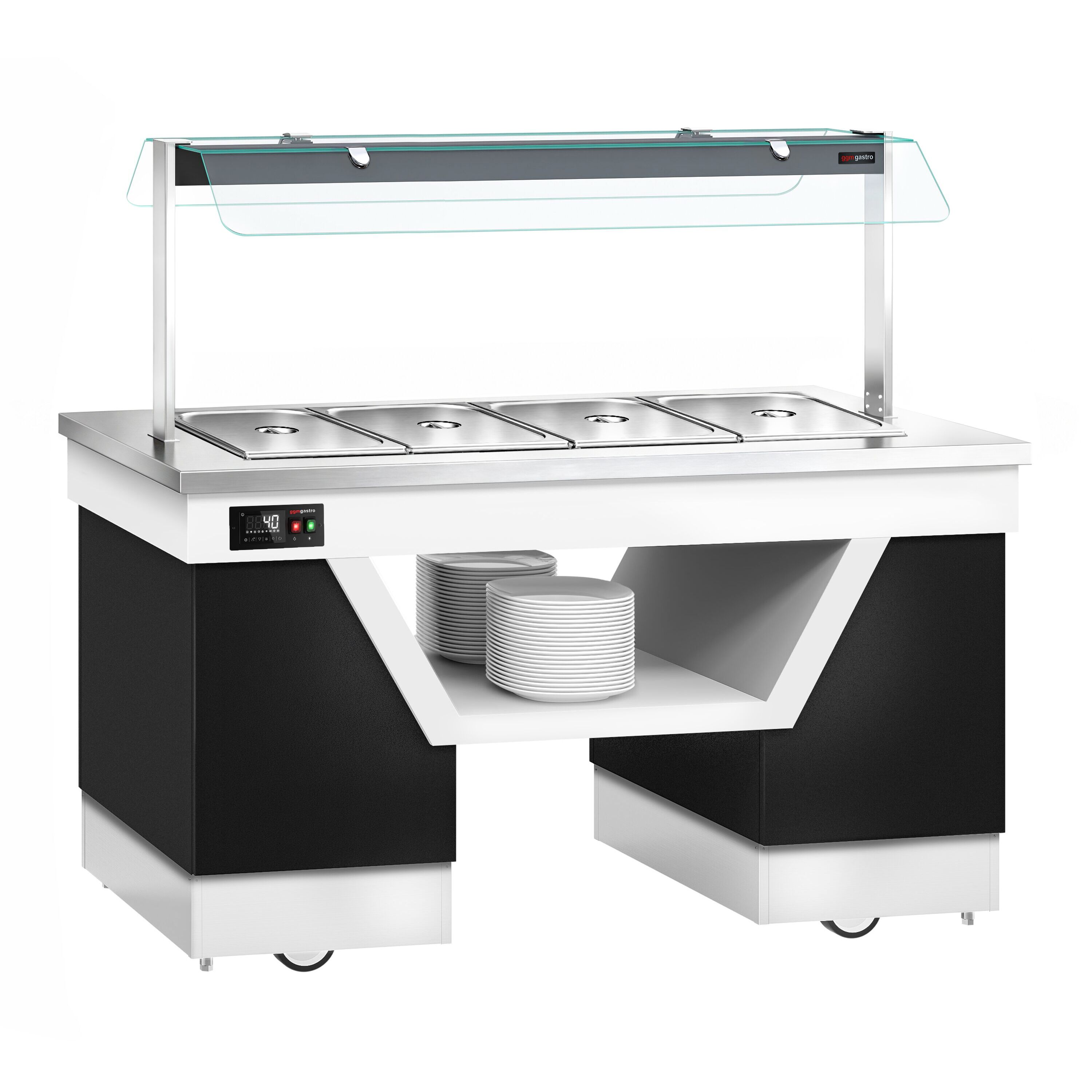 Hot buffet counter – with bain-marie – 1670 mm – for 4x GN 1/1 – incl. plate rack and castors