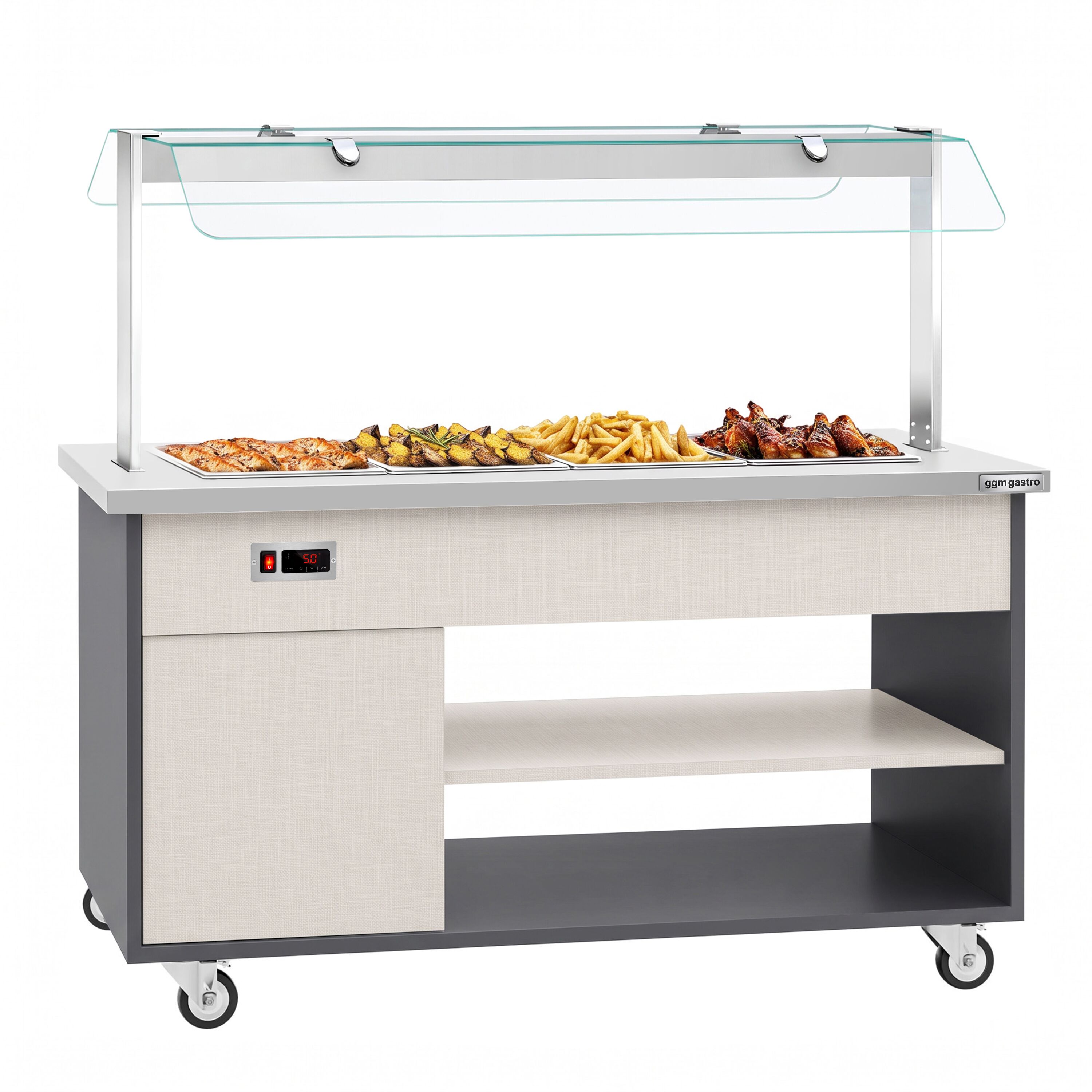Heated Bain Marie Buffet Counter DANZIG - 1600mm - for 4x GN 1/1 - Mobile - with Gantry - with Sneeze Screen