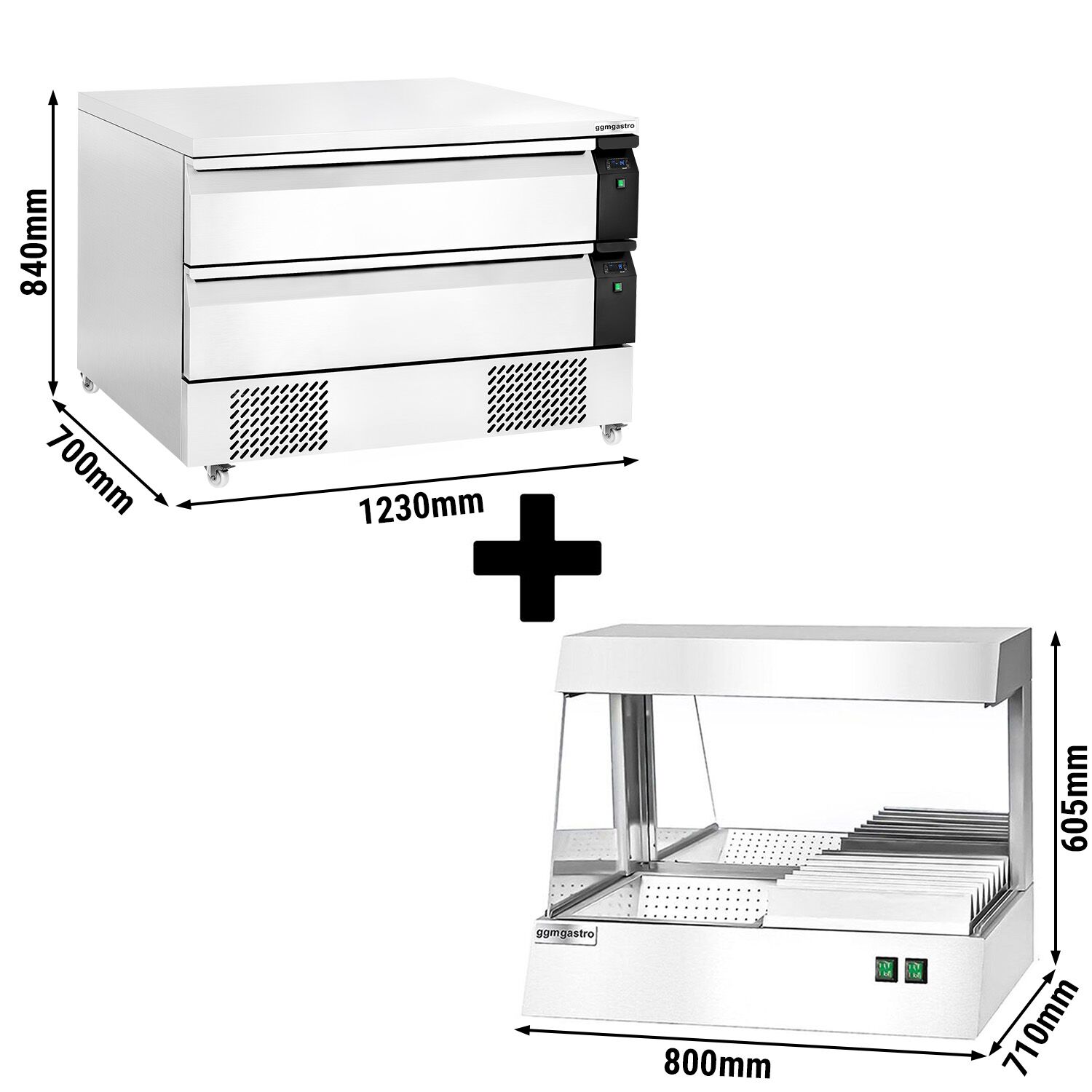 Podstawa chłodniczo-mroźnicza – 1230 mm – 3x GN 1/1 – z 2 szufladami – z podgrzewaczem do frytek