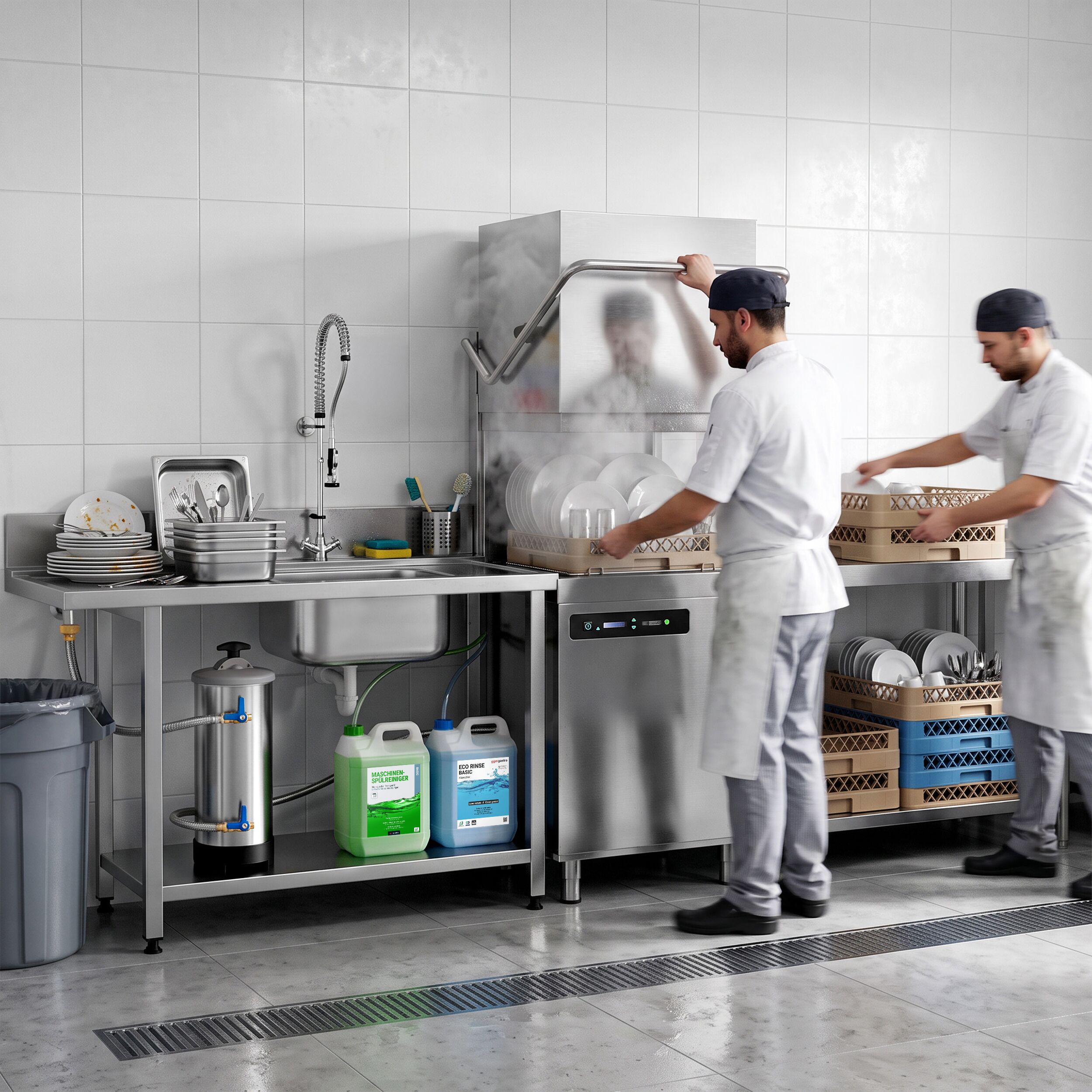 Pass Through Dishwasher - Digital Controls - 7.1kW - incl. Inlet Table left, Outlet Table right - with Detergent & Rinse Aid Dosing Pumps, Drain Pump
