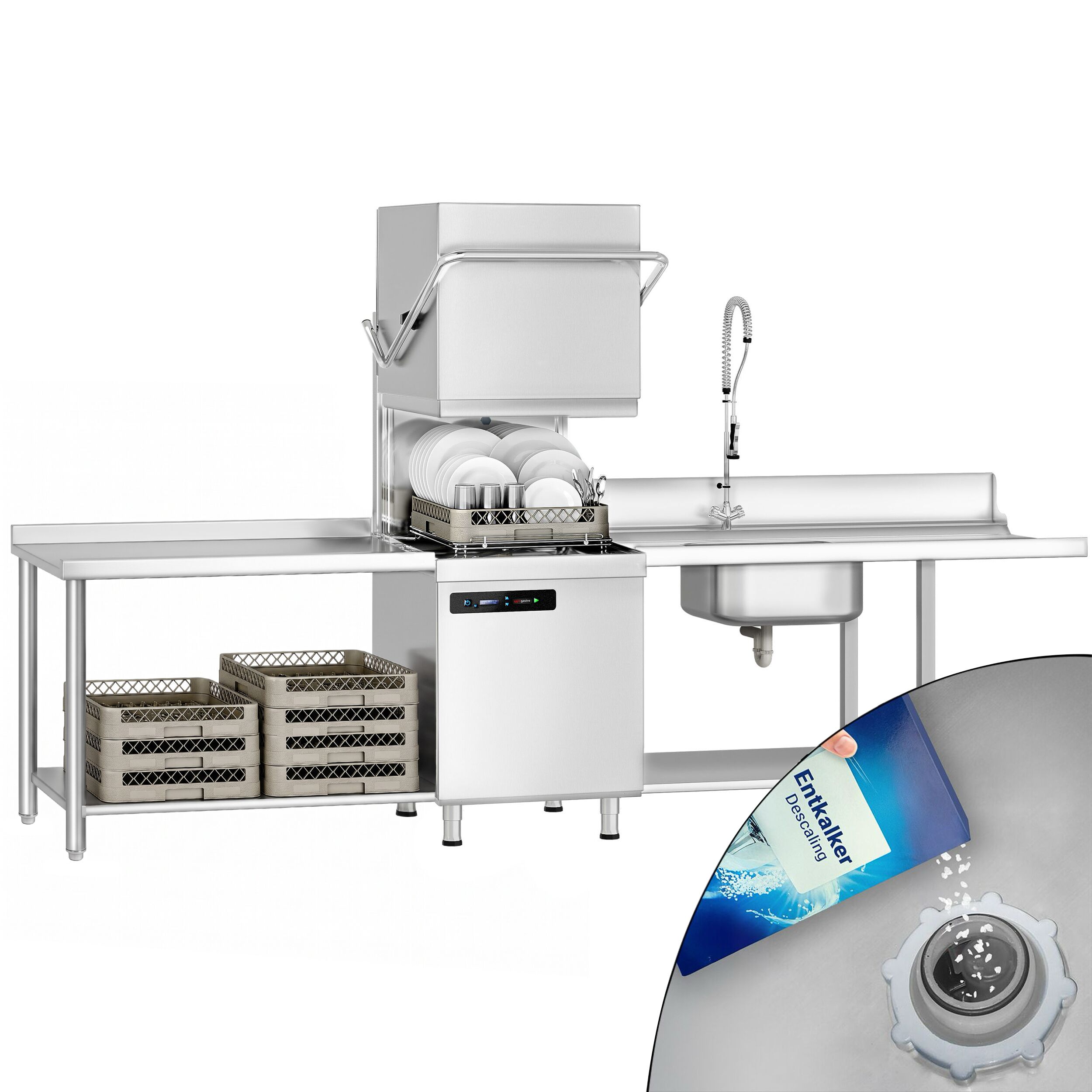 Pass Through Dishwasher - Digital Controls - 7.1kW - incl. Inlet Table right, Outlet Table left - with Detergent & Rinse Aid Dosing Pumps