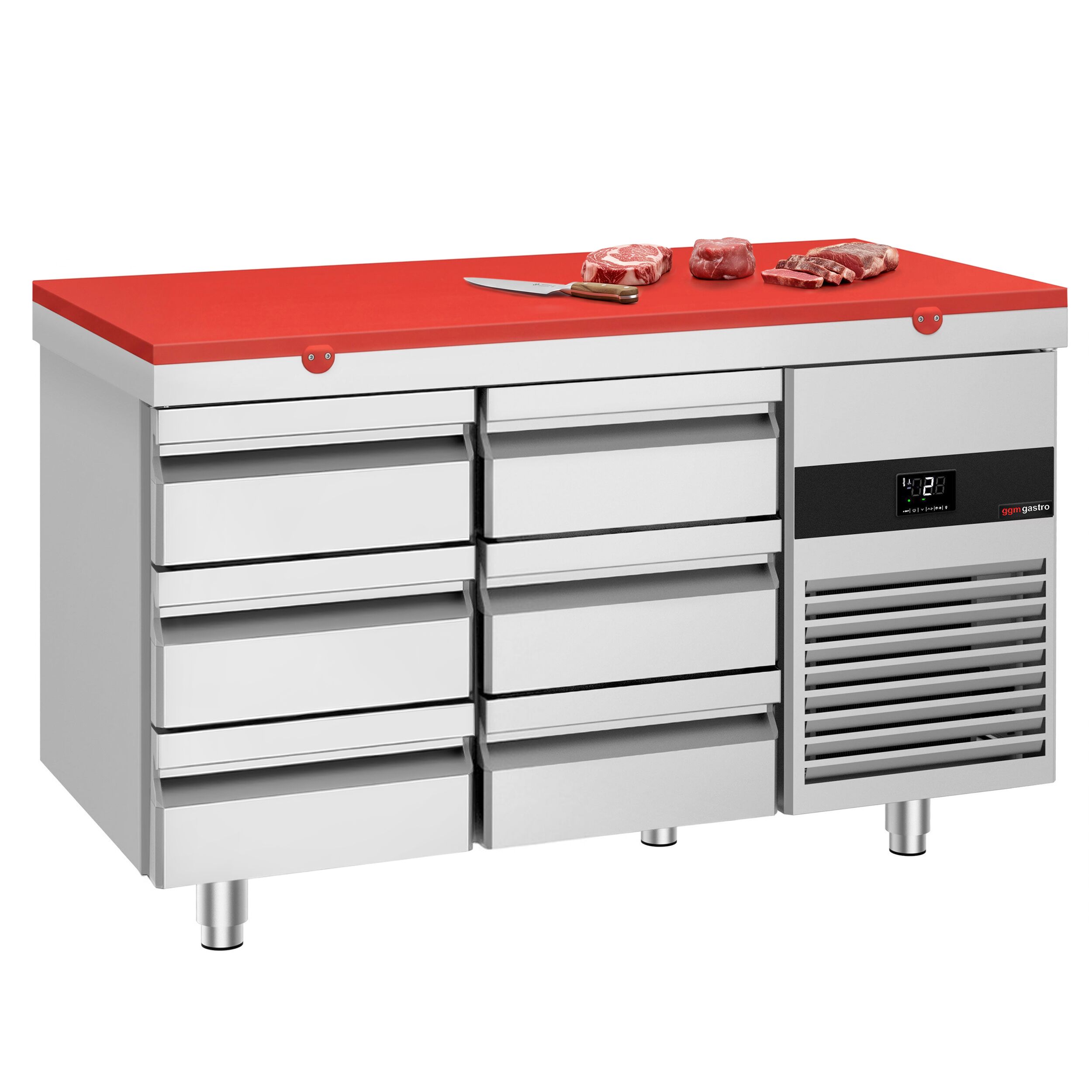 Kühltisch PREMIUM - 1400x700mm - mit 6 Schubladen - inkl. Schneideplatte Rot