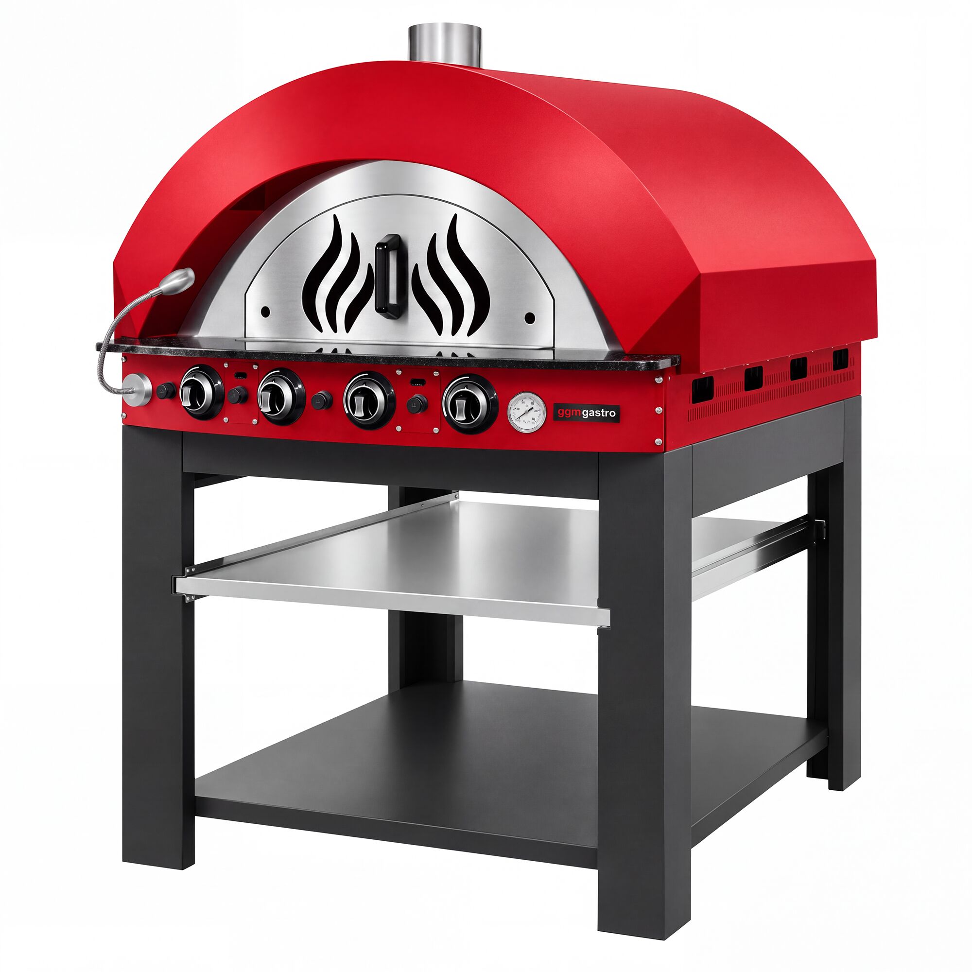 Gas Deck Pizza Oven - Single Deck - 4x Ø30 cm - Mechanical Controls - Red - up to 400°C - incl. Base frame