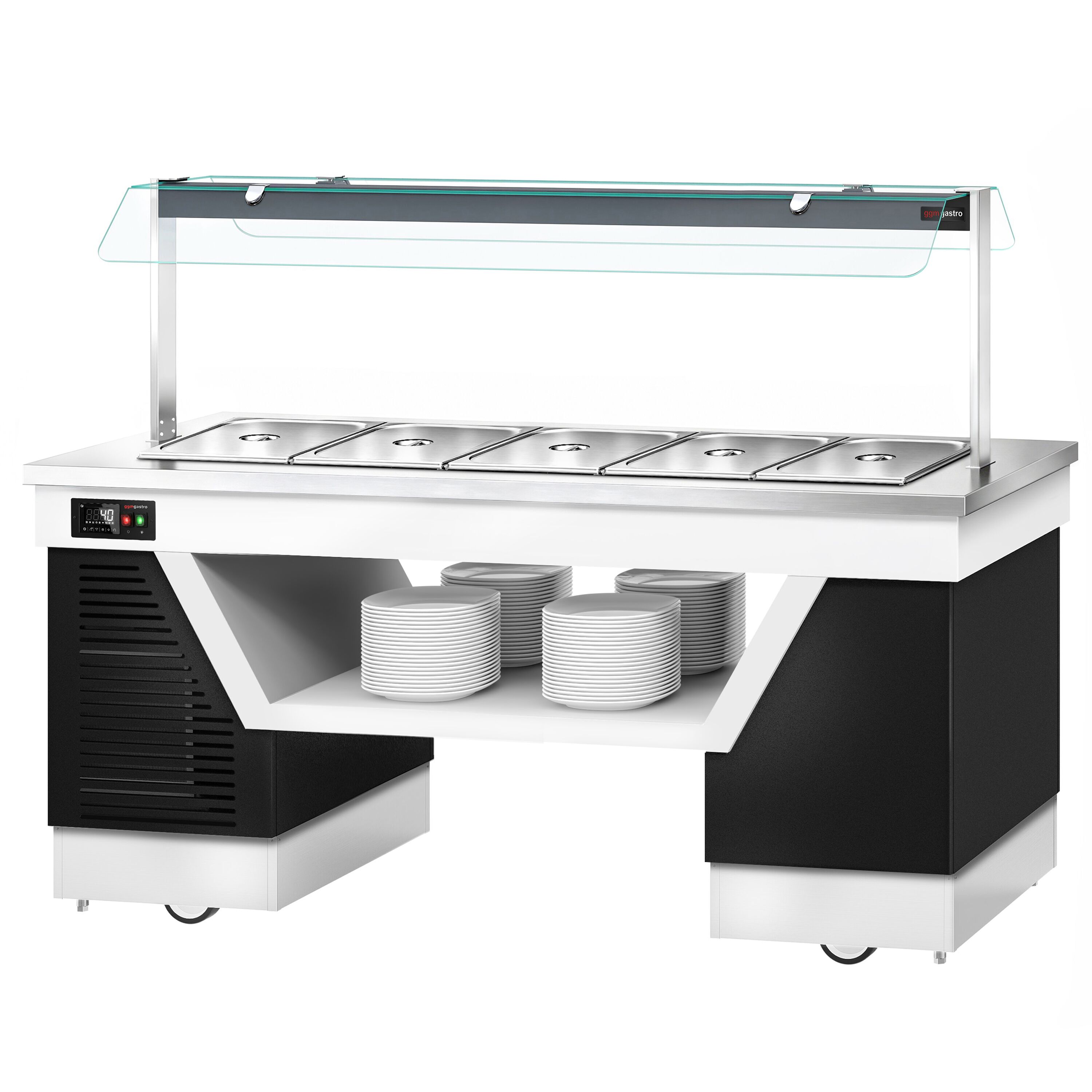 Hot buffet counter – with bain-marie – 2000 mm – for 5x GN 1/1 – incl. plate rack and castors
