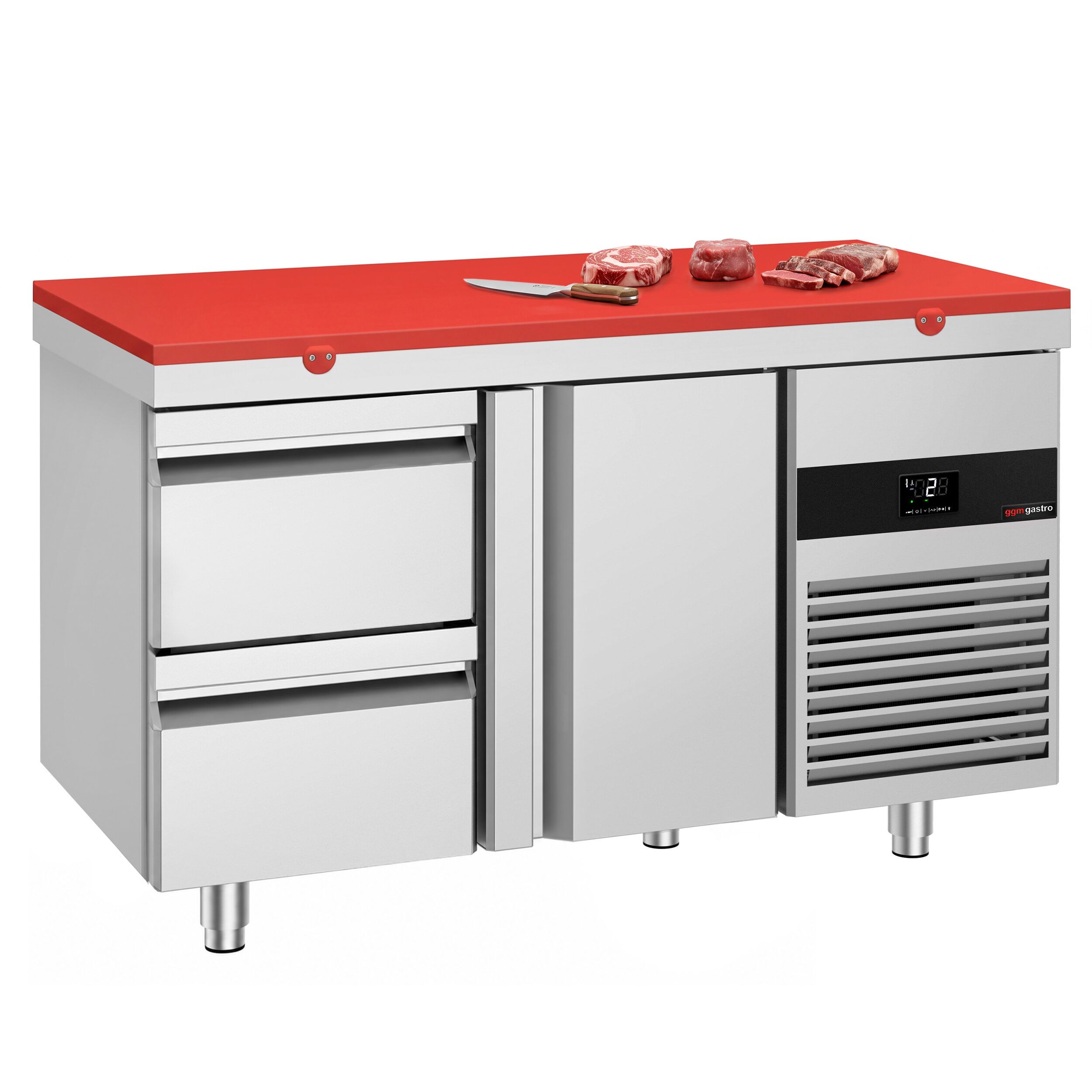 Kühltisch PREMIUM - 1400x700mm - mit 1 Tür - 2 Schubladen - inkl. Schneideplatte Rot