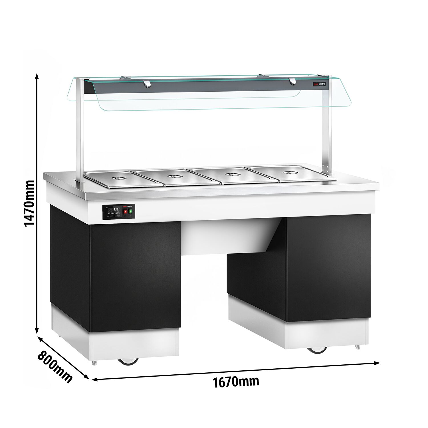 Hot buffet counter – with bain-marie – 1670 mm – for 4x GN 1/1 – incl. castors