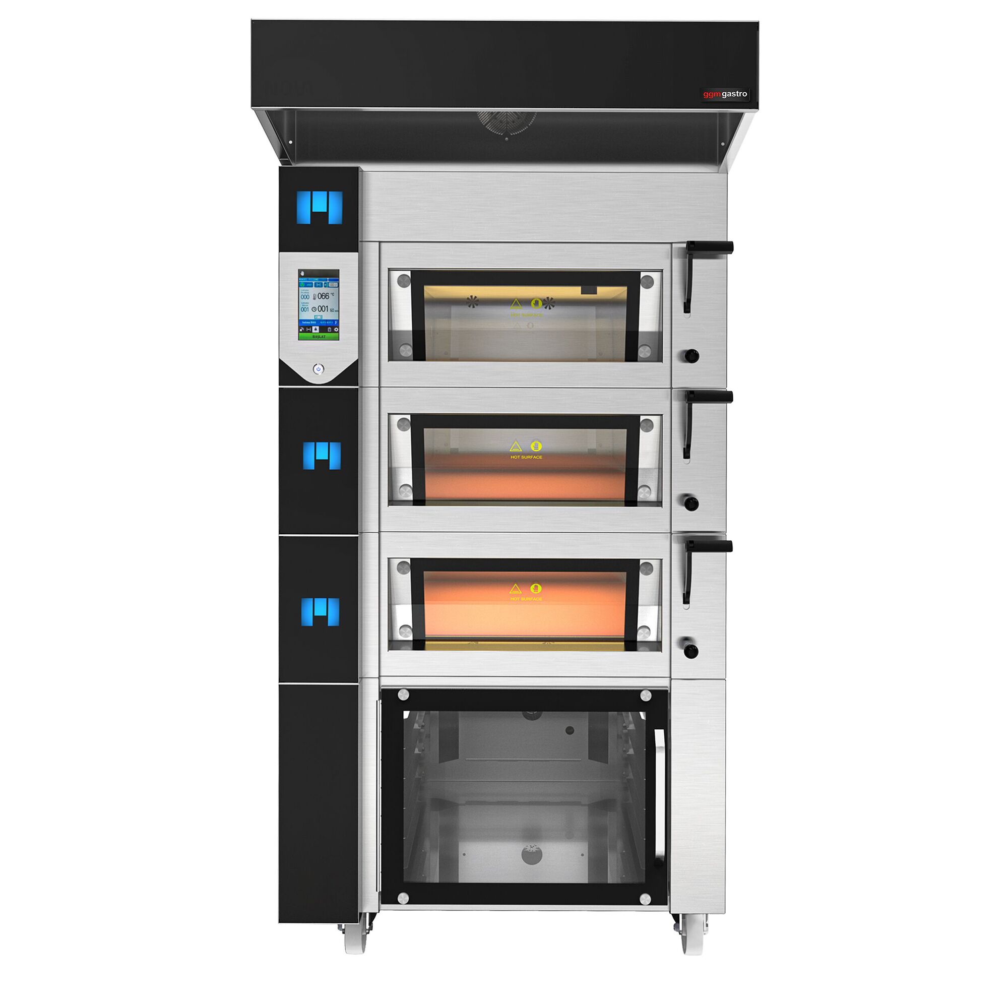 Electric Commercial Bakery Deck Oven with Humidity Control & Commercial Dough Prover - Touchscreen Controls - 2x 600x400mm (EN 60x40) or 800x600mm - with Hood & Stand with Rack for Proofing Cabinet - 12x EN 60x40