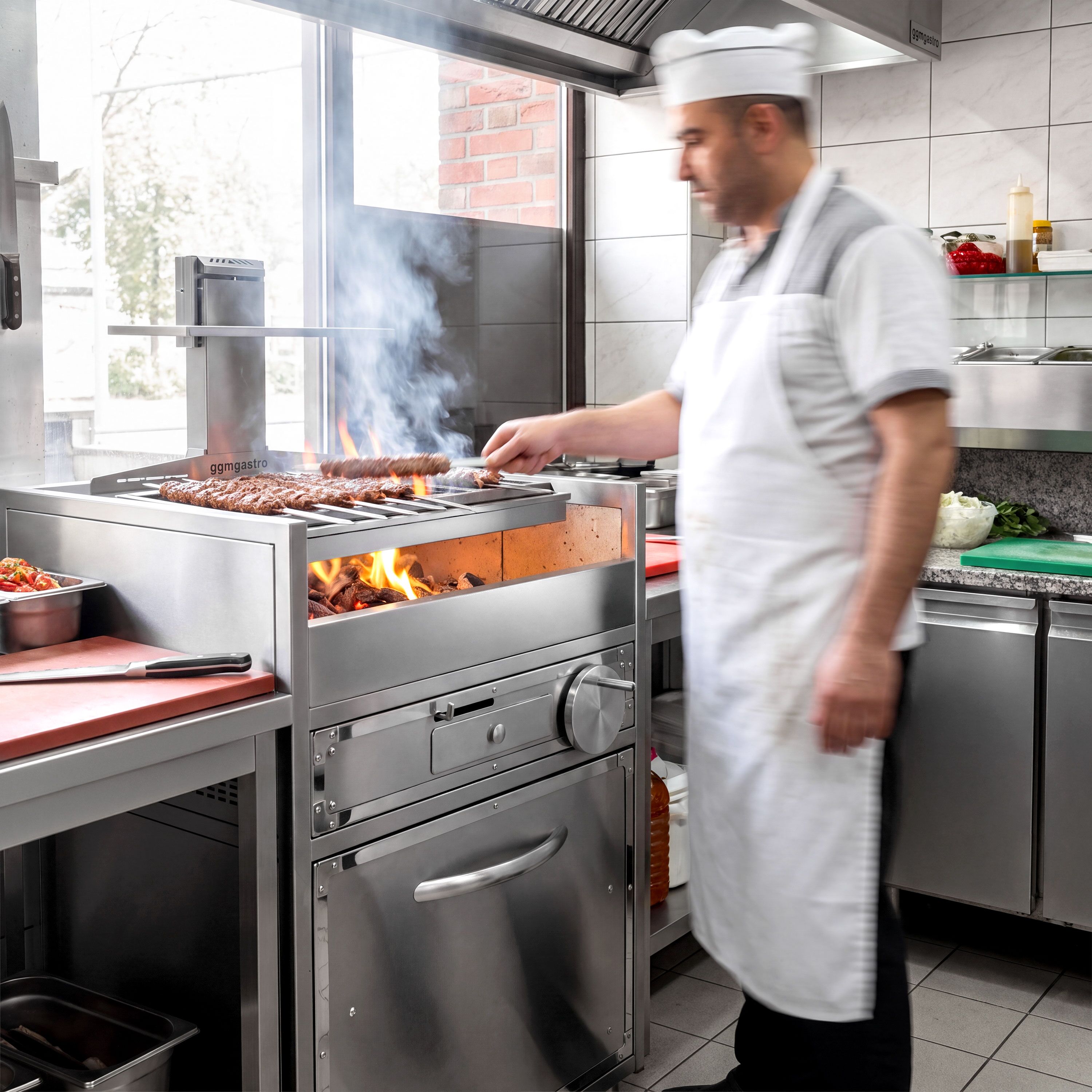 Charcoal barbecue – 2 height-adjustable grill racks – with ash drawer & storage drawer