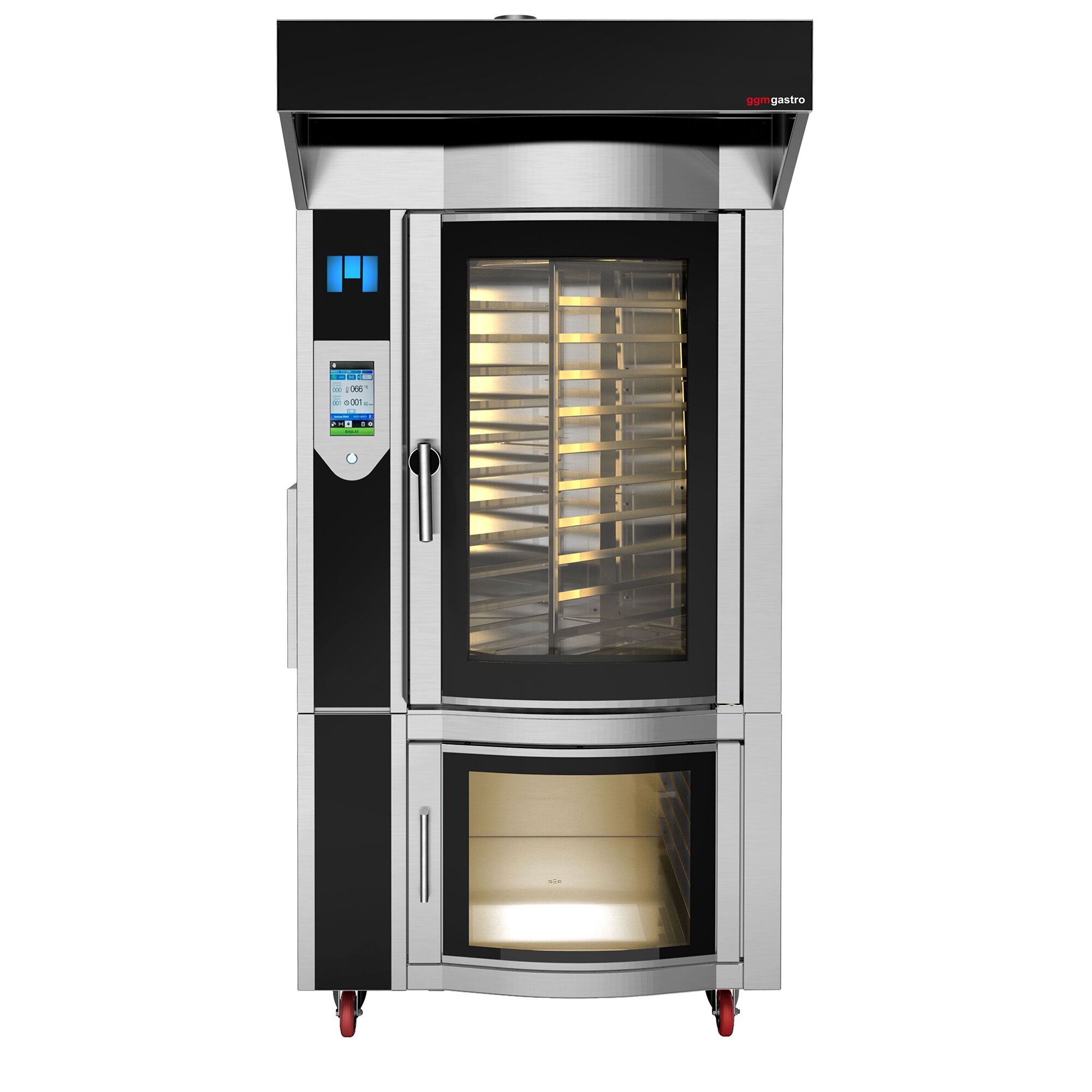 Rotary Gas Commercial Bakery Convection Oven with Steam Injection - Touchscreen Controls - 1 Baking Chambers - 10x 600x400mm (EN 60x40) - with Hood & with Prover Cabinet