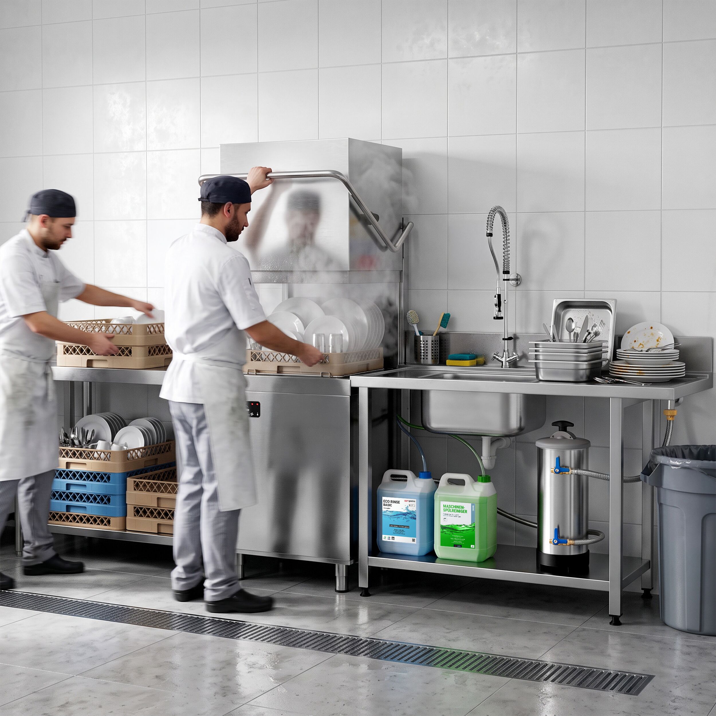 Pass Through Dishwasher - Mechanical Controls - 6,52 kW - incl. inlet table right & outlet table left - with detergent & rinse aid pump
