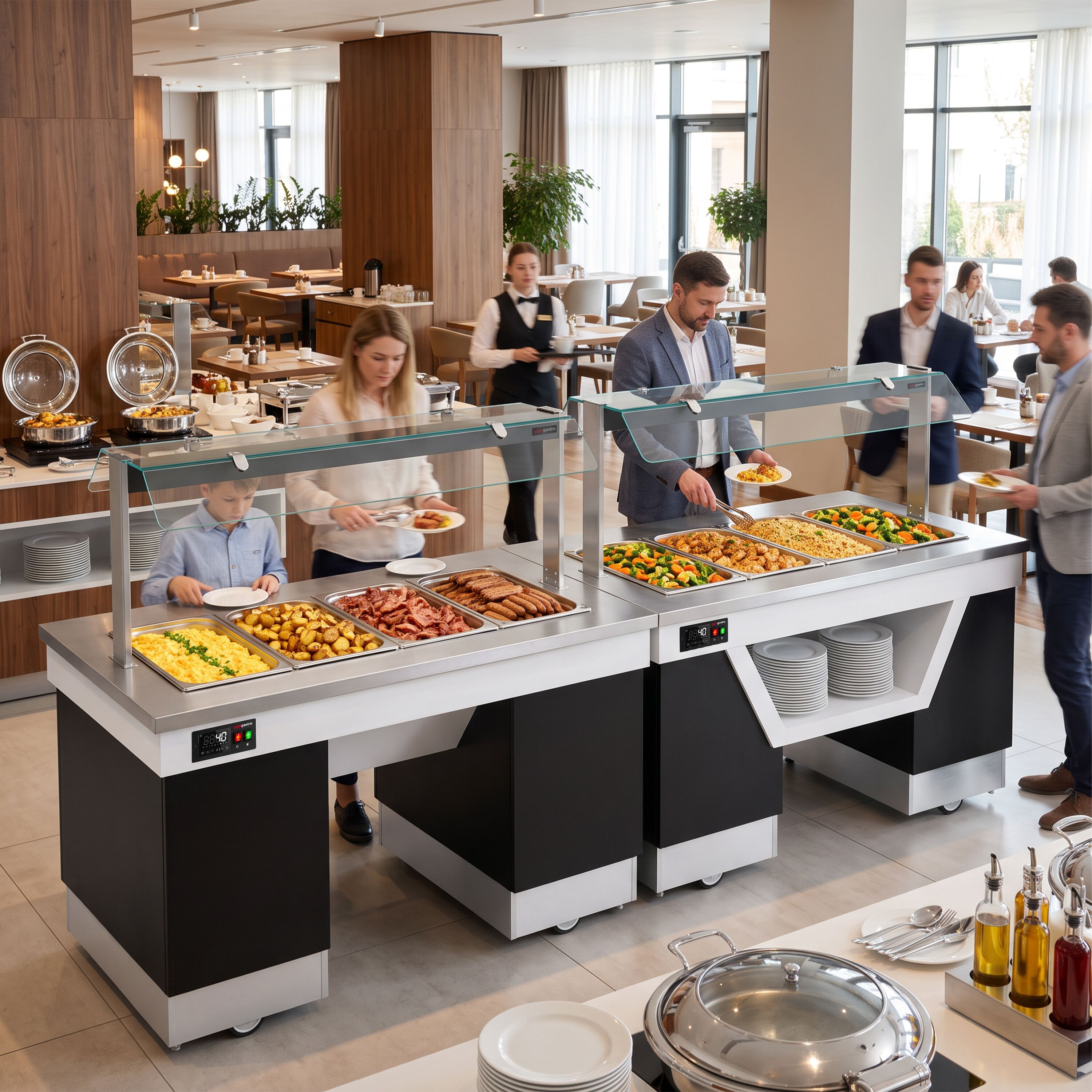 Hot buffet counter – with bain-marie – 1670 mm – for 4x GN 1/1 – incl. plate rack and castors