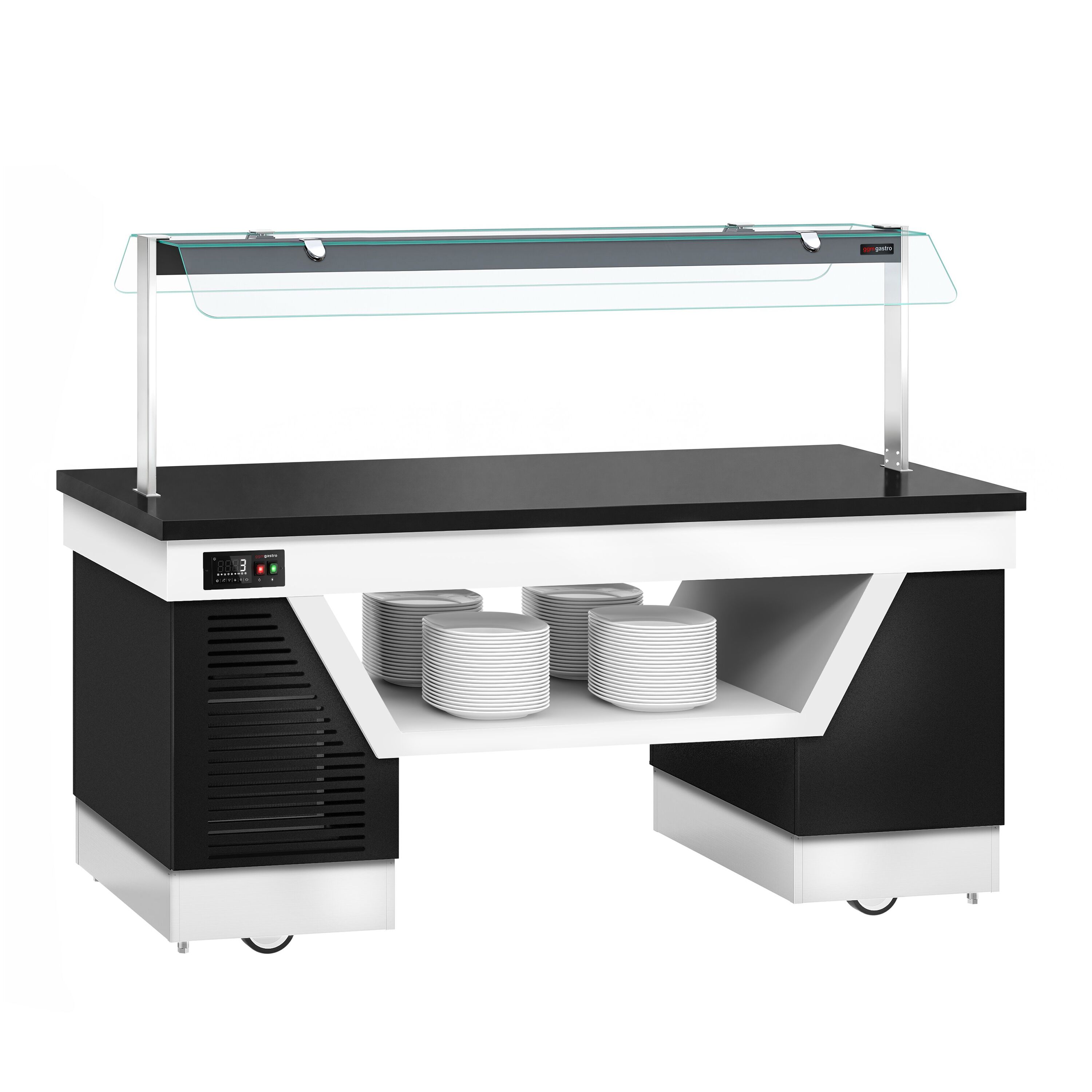 Cold buffet counter – with cooling plate – 2000 mm – for 5x GN 1/1 – incl. plate rack and castors