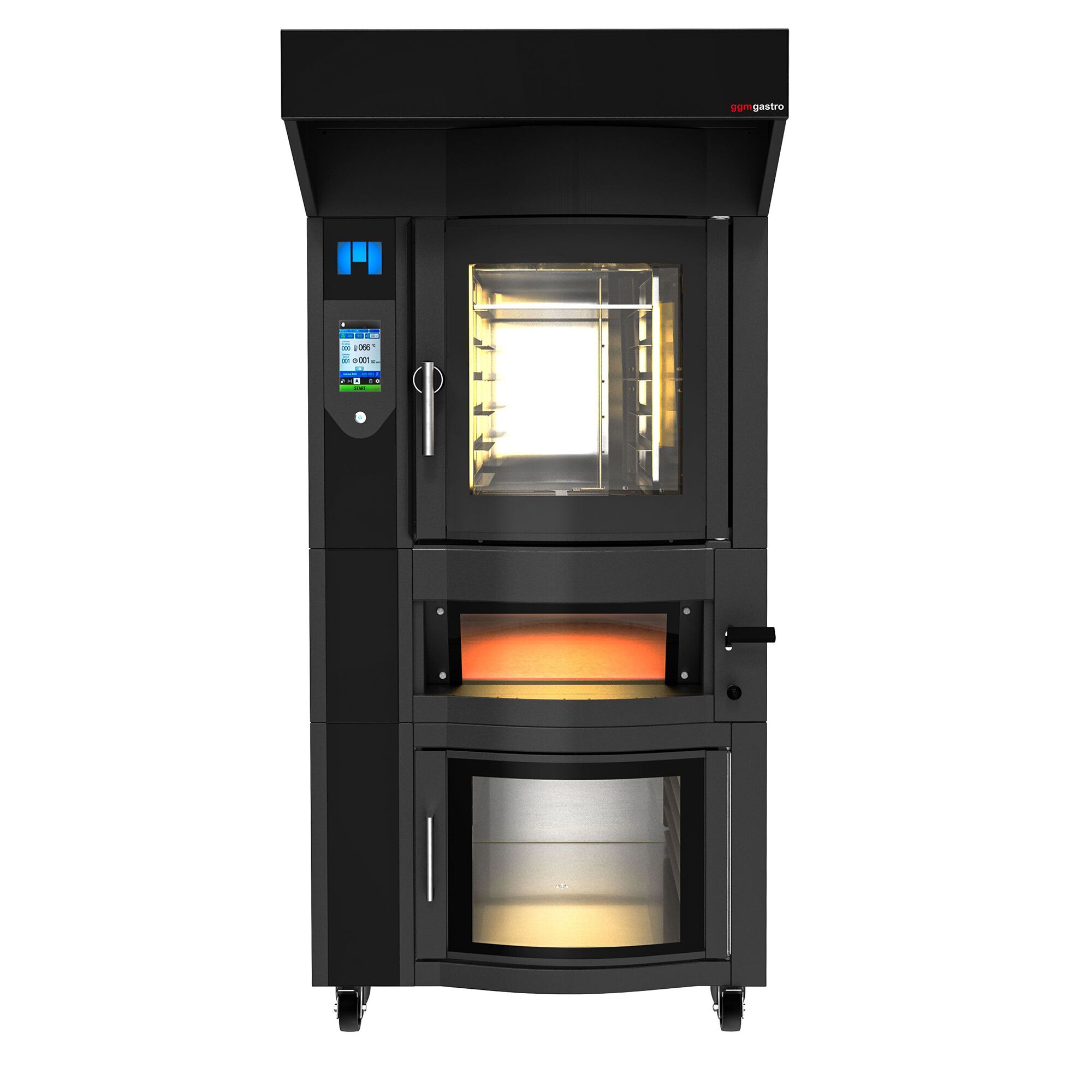 Commercial Bakery Convection Oven with Steam Injection - Touchscreen Controls - 6x 600x400mm (EN 60x40) - Black - with Prover Cabinet & with Hood