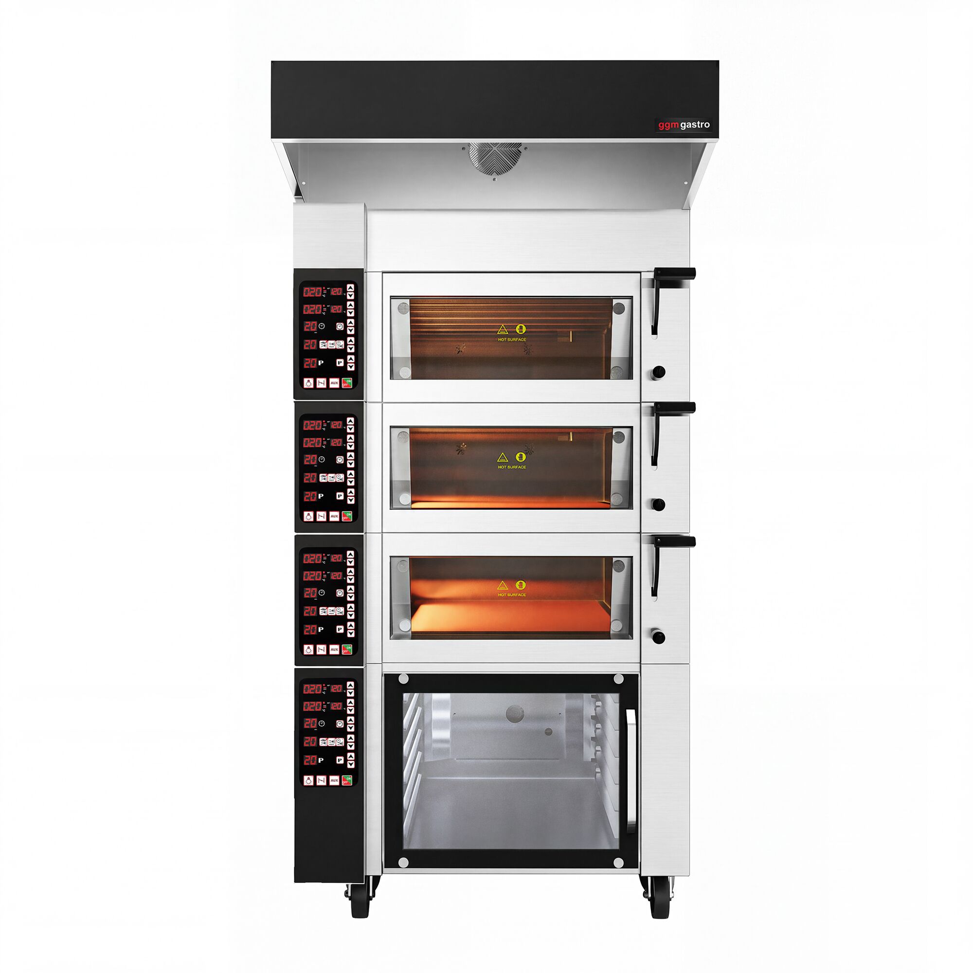 Electric Commercial Bakery Deck Oven with Steam Injection - Digital Controls - 3 Baking Chambers - 2x 600x400mm (EN 60x40) or 600x800mm - with Prover Cabinet & Hood