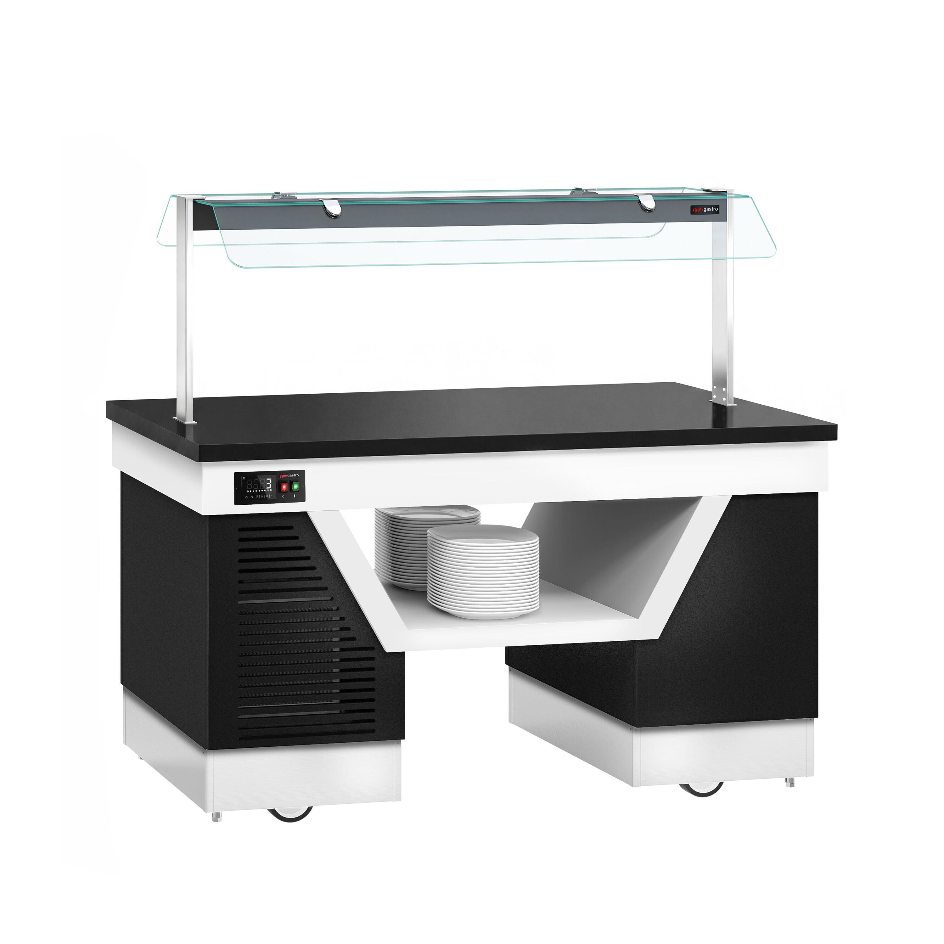 Cold buffet counter – with cooling plate – 1670 mm – for 4x GN 1/1 – incl. plate rack and castors
