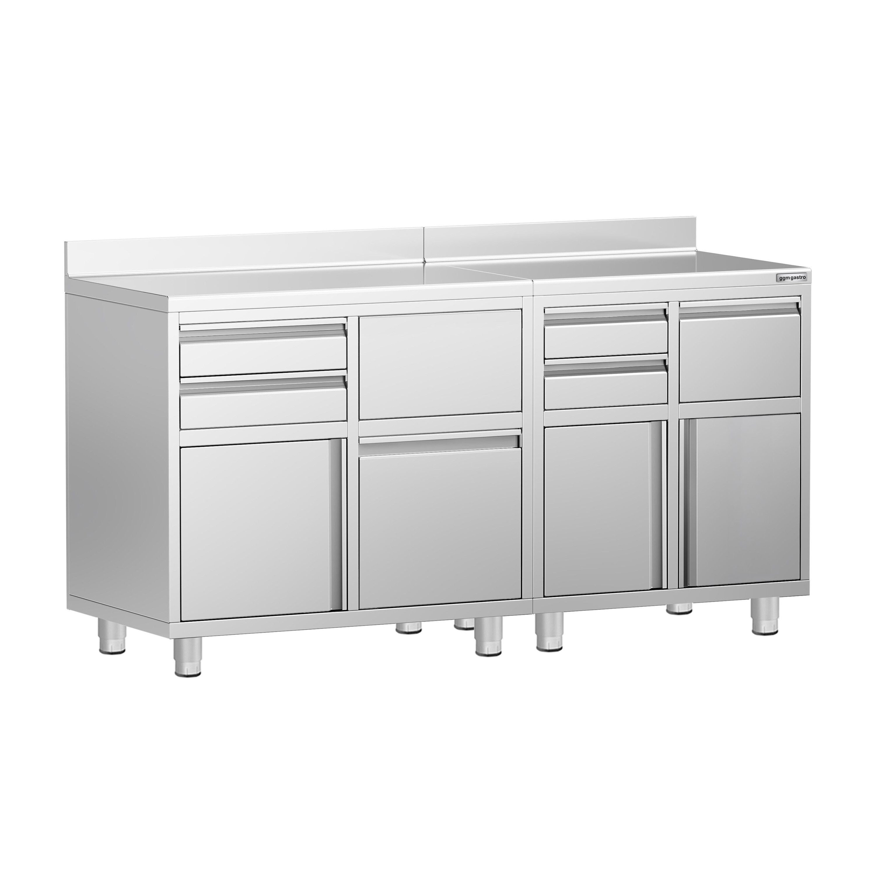 Arbetsskåp - för kaffemaskin - 1400x600 mm - med 4 lådor, 3 dörrar, 1 kaffesumpslåda, avfallshink och bakre uppvikt bakkant
