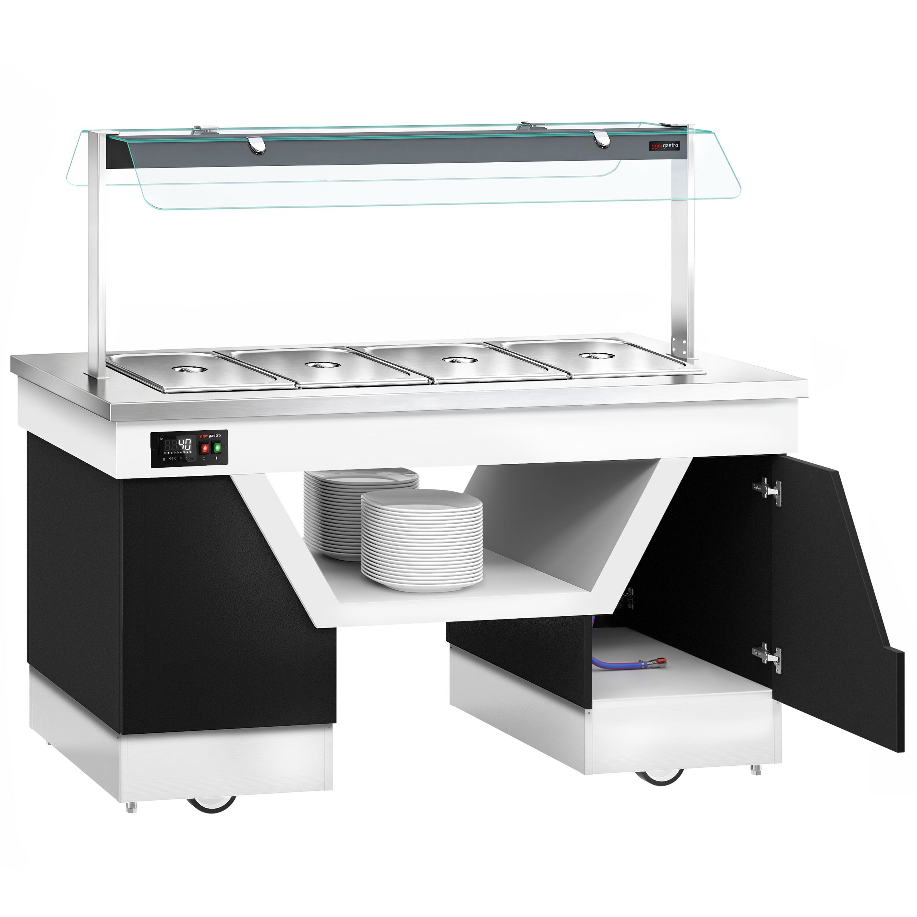 Hot buffet counter – with bain-marie – 1670 mm – for 4x GN 1/1 – incl. plate rack and castors