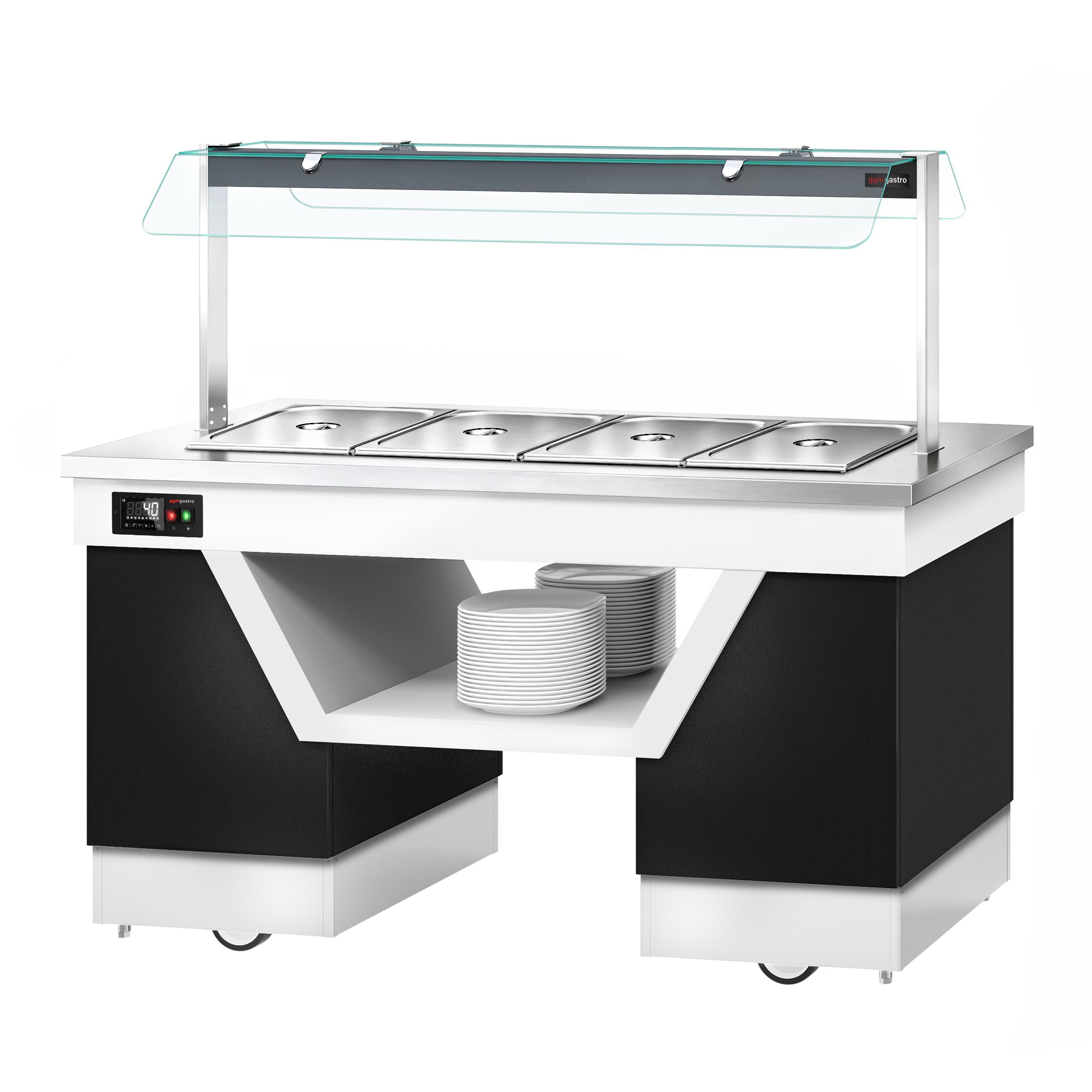 Hot buffet counter – with bain-marie – 1670 mm – for 4x GN 1/1 – incl. plate rack and castors