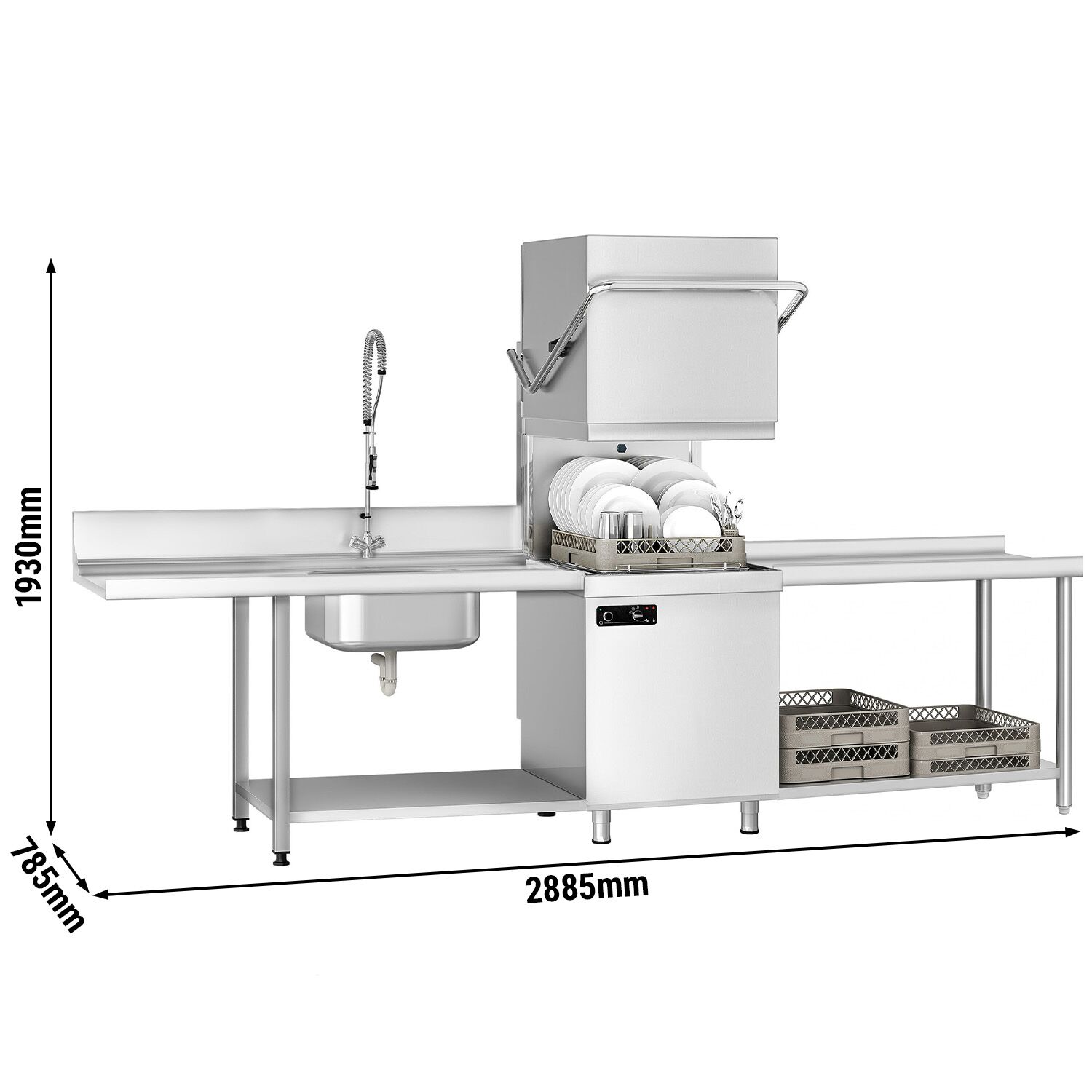 Pass Through Dishwasher - Mechanical Controls - 6.52 kW - incl. inlet table left & outlet table right - with detergent, rinse aid & drain pump