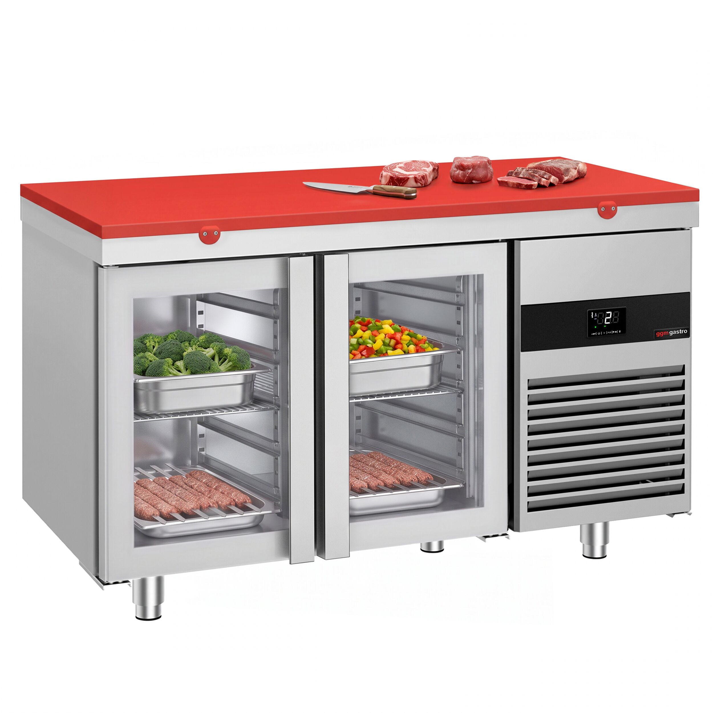 Kühltisch PREMIUM - 1400x700mm - mit 2 Glastüren - inkl. Schneideplatte Rot