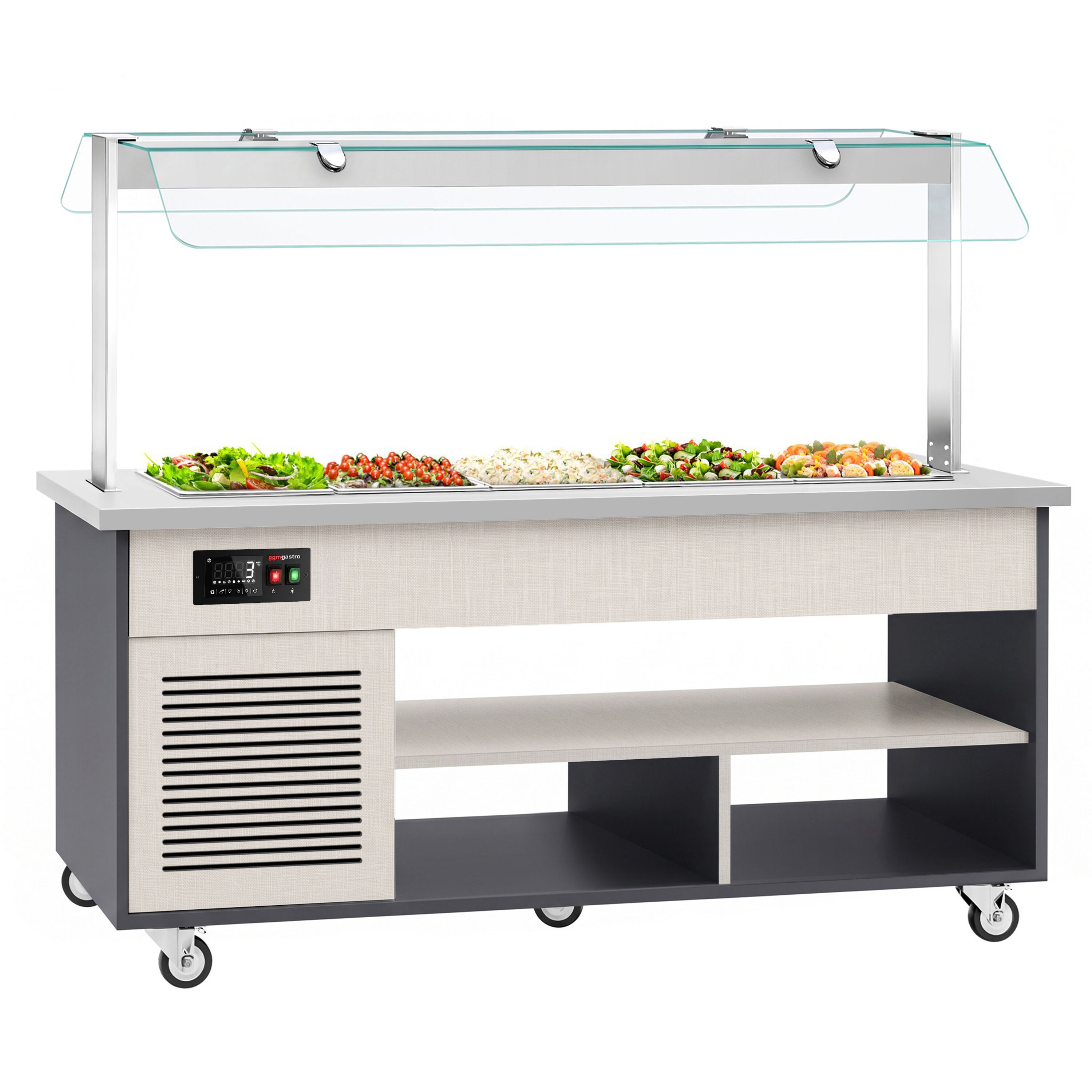 Cold buffet trolley – with cooling tray – 2000 mm – for 5x GN 1/1 – incl. plate rack and castors