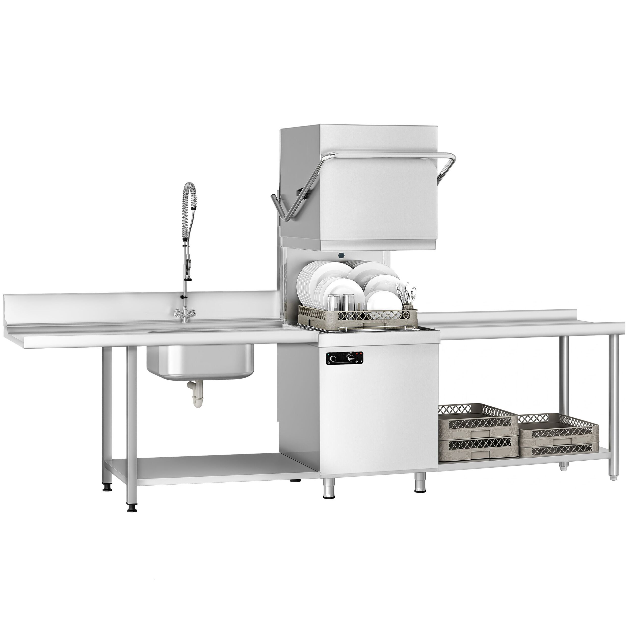 Pass Through Dishwasher - Mechanical Controls - 6.52 kW - incl. inlet table left & outlet table right - with detergent, rinse aid & drain pump
