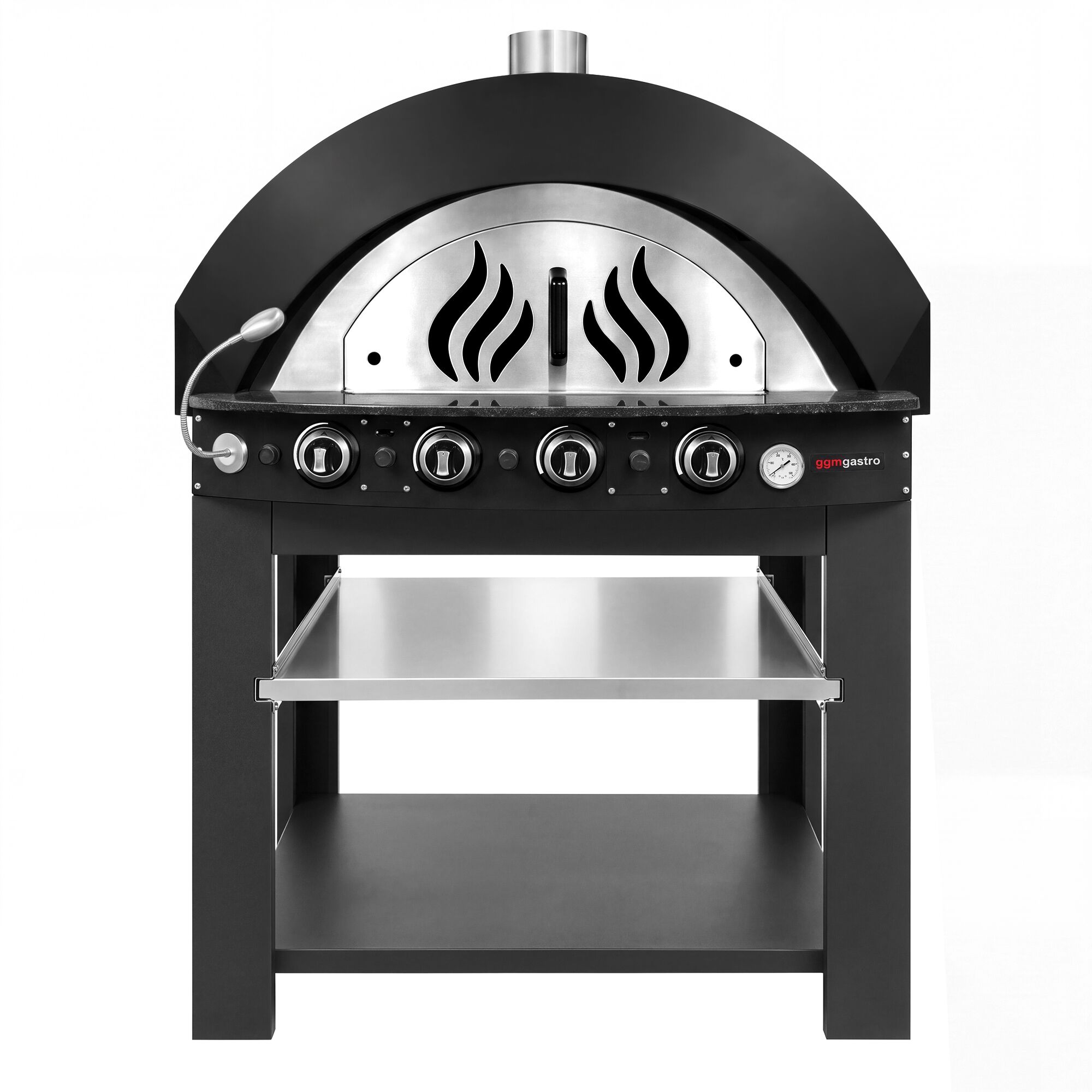 Gas Deck Pizza Oven - Single Deck - 4x Ø30 cm - Mechanical Controls - Black - up to 400°C - incl. Base frame