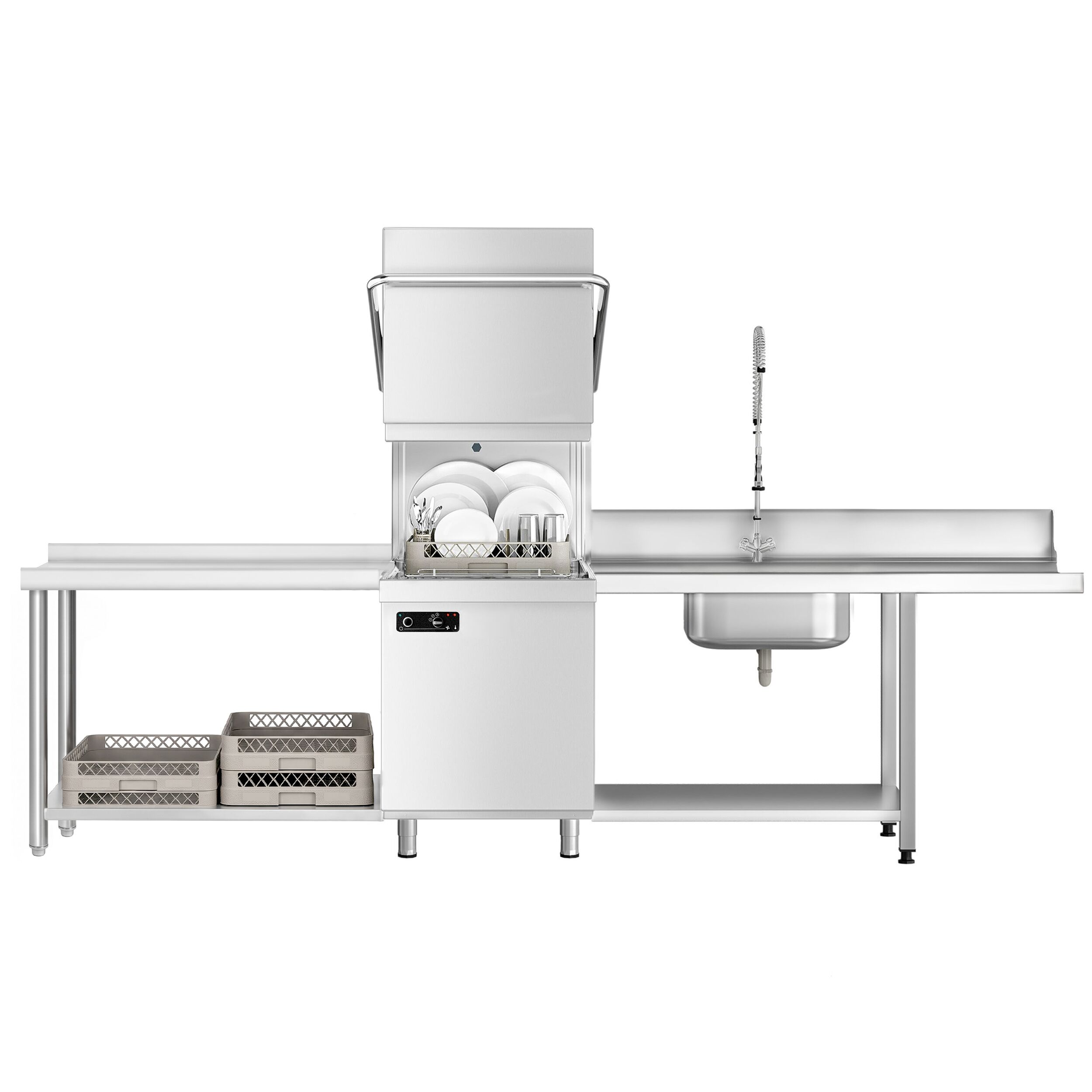 Pass Through Dishwasher - Mechanical Controls - 6,52 kW - incl. inlet table right & outlet table left - with detergent & rinse aid pump