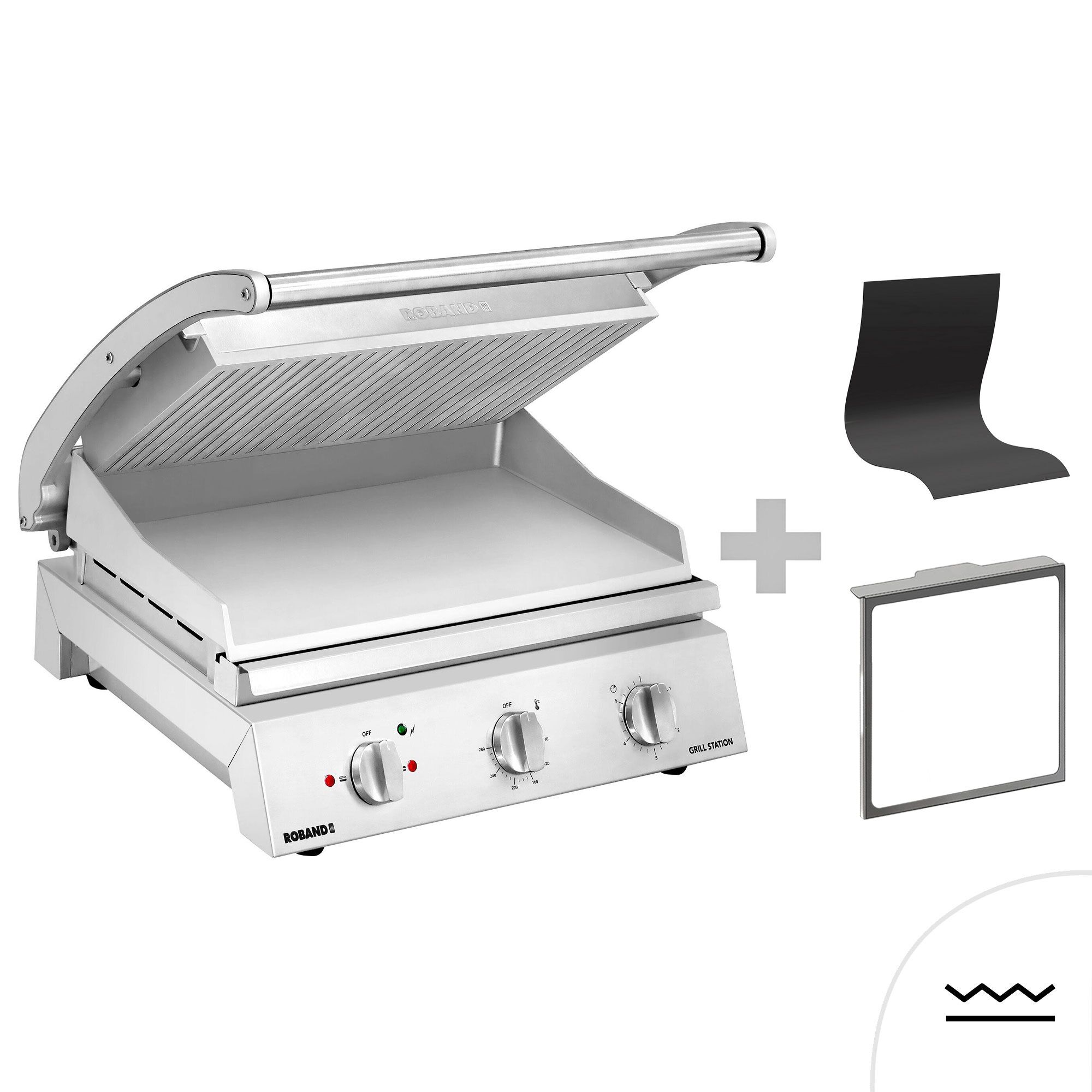 ROBAND | Commercial Contact Grill - Heavy Duty Panini Press PREMIUM – 560×275 mm – 3.12 kW – Ribbed Top & Smooth Bottom Plates