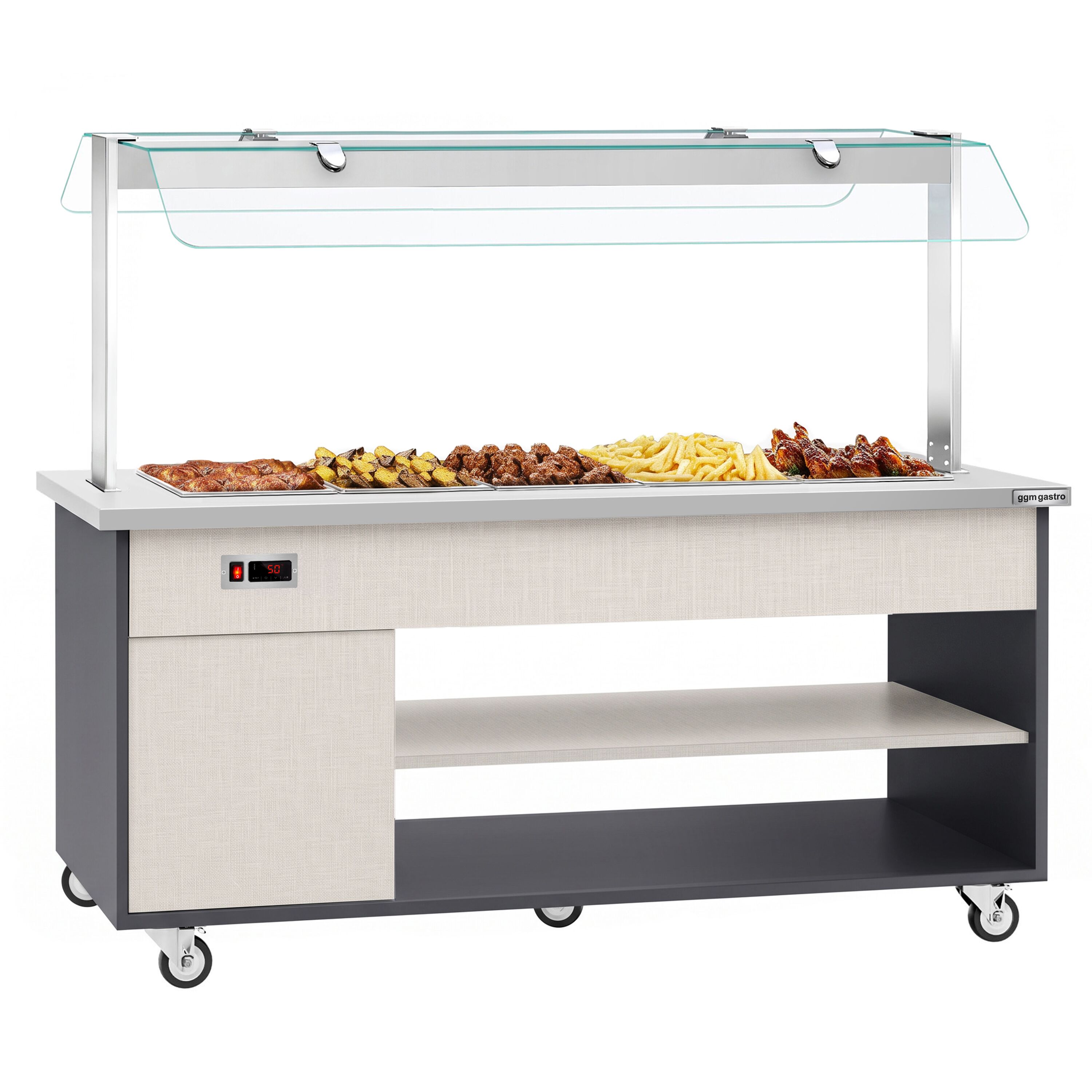 Heated Bain Marie Buffet Counter DANZIG - 1900mm - for 5x GN 1/1 - Mobile - with Gantry - with Sneeze Screen