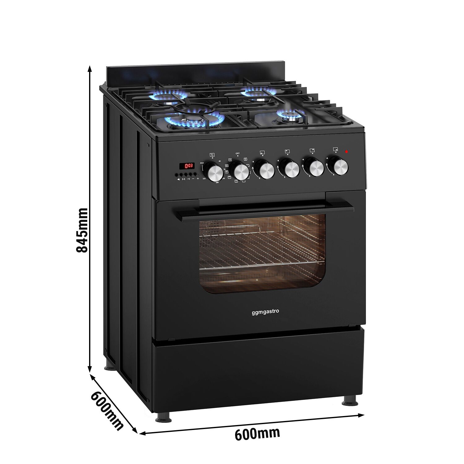 Commercial Dual Fuel Oven Range Cooker - 8,4 kW - 4 Burners – 600 mm – with Electric Oven - 3.85 kW - Black