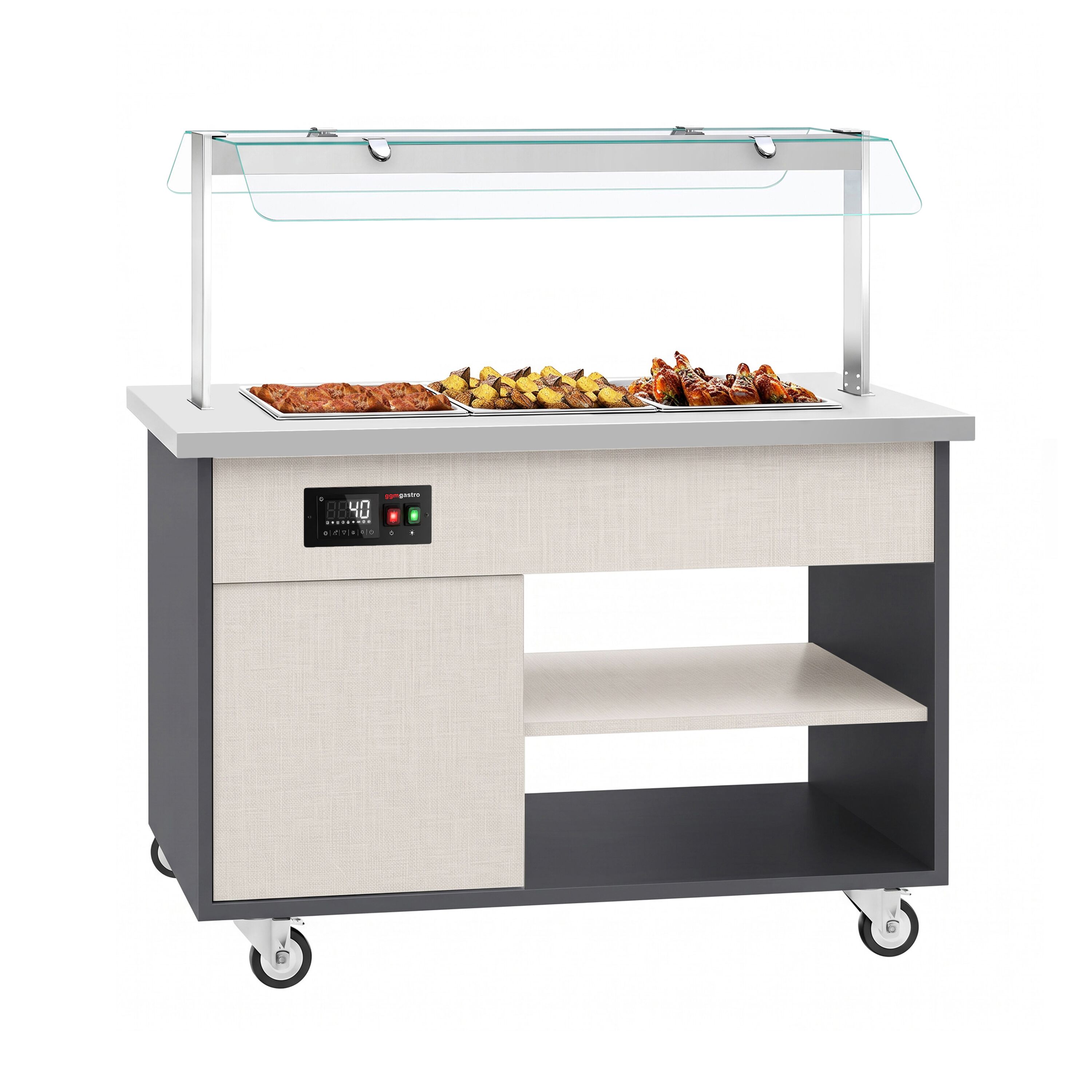 Hot buffet trolley – with bain-marie – 1340 mm – for 3x GN 1/1 – incl. plate rack and castors