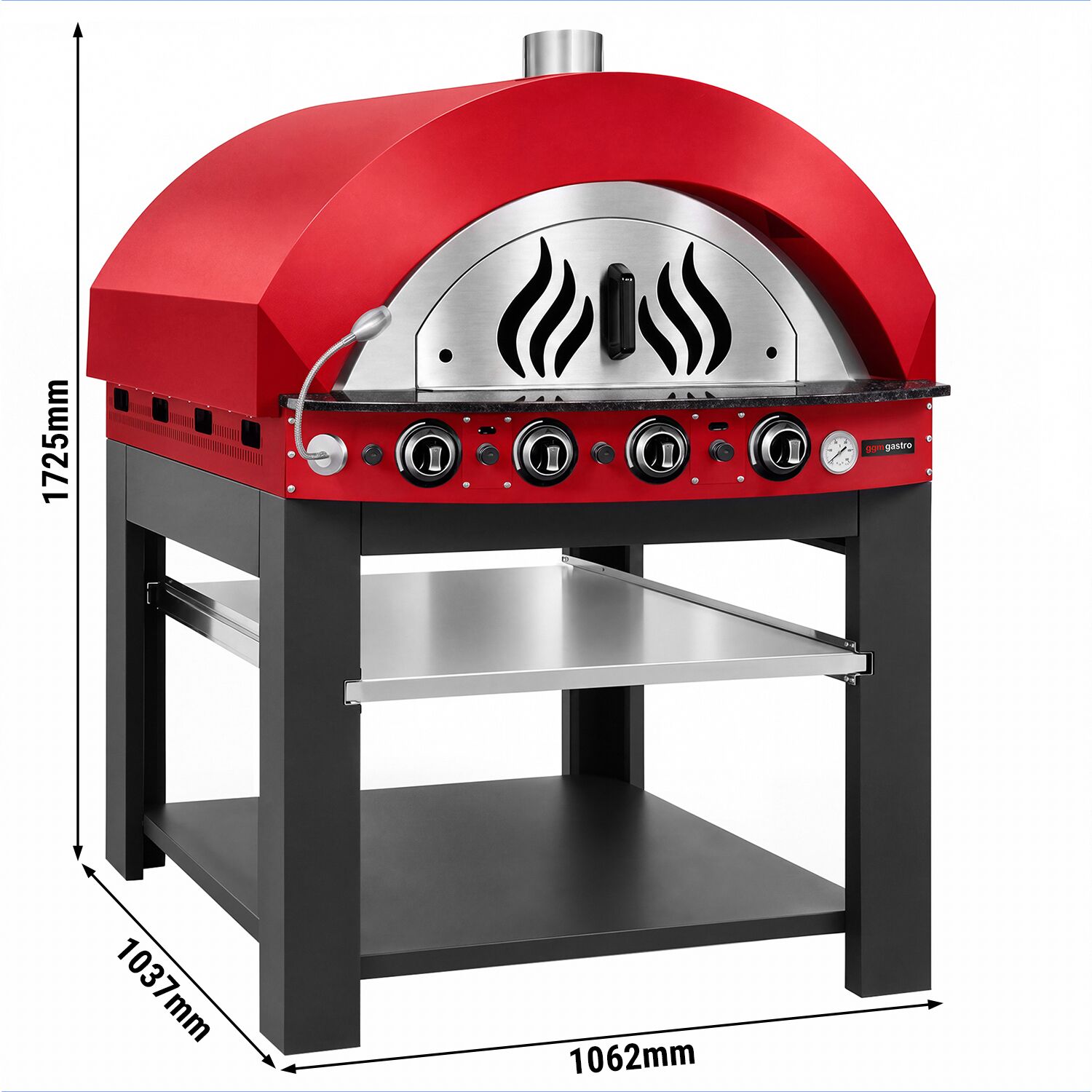 Gas Deck Pizza Oven - Single Deck - 4x Ø30 cm - Mechanical Controls - Red - up to 400°C - incl. Base frame