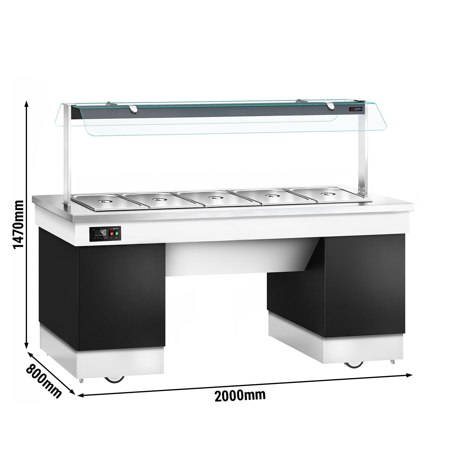 Hot buffet counter – with bain-marie – 2000 mm – for 5x GN 1/1 – incl. castors