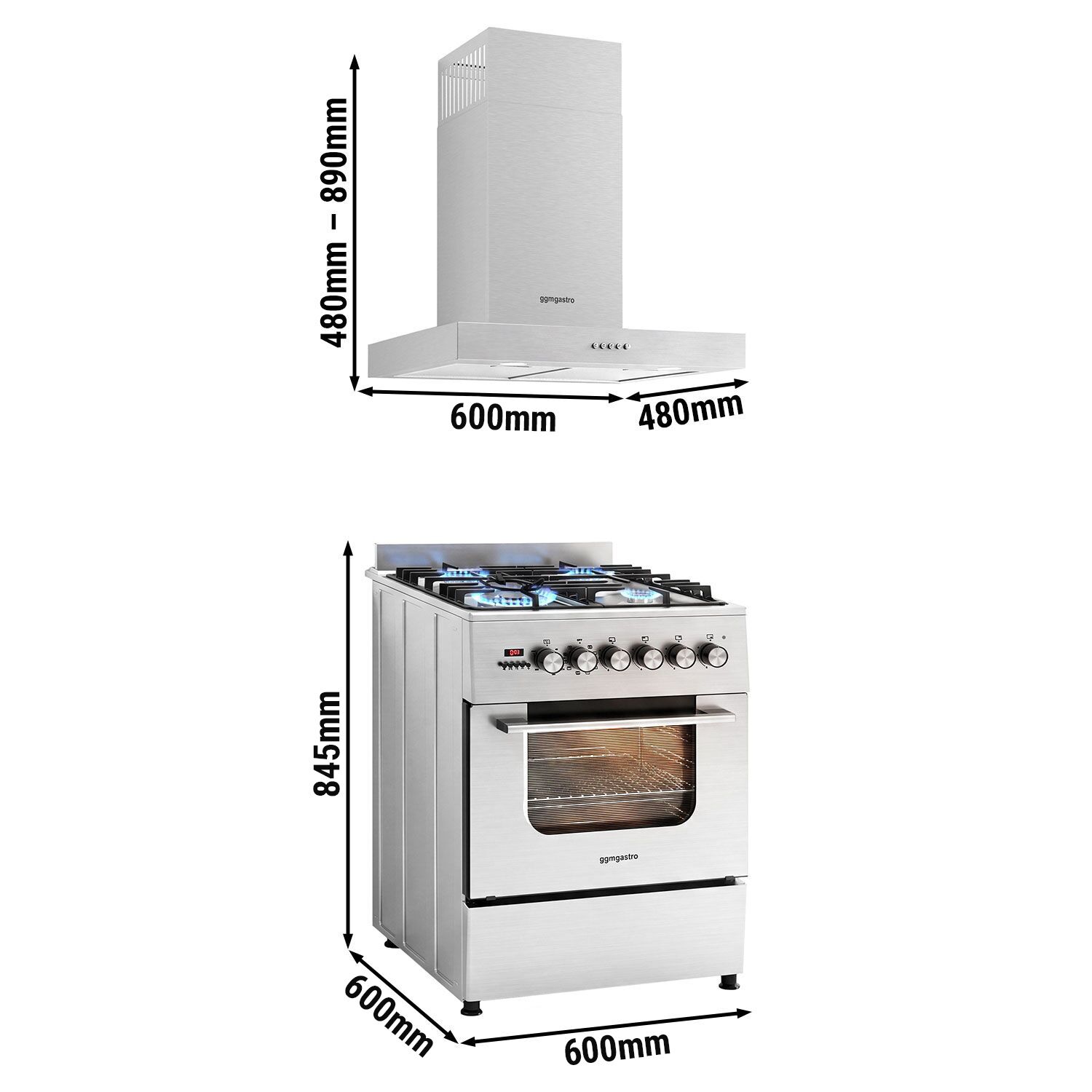 Commercial Dual Fuel Oven Range Cooker - 8,4 kW - 4 Burners – 600 mm – with Electric Oven - 3.85 kW & Recirculation Hood
