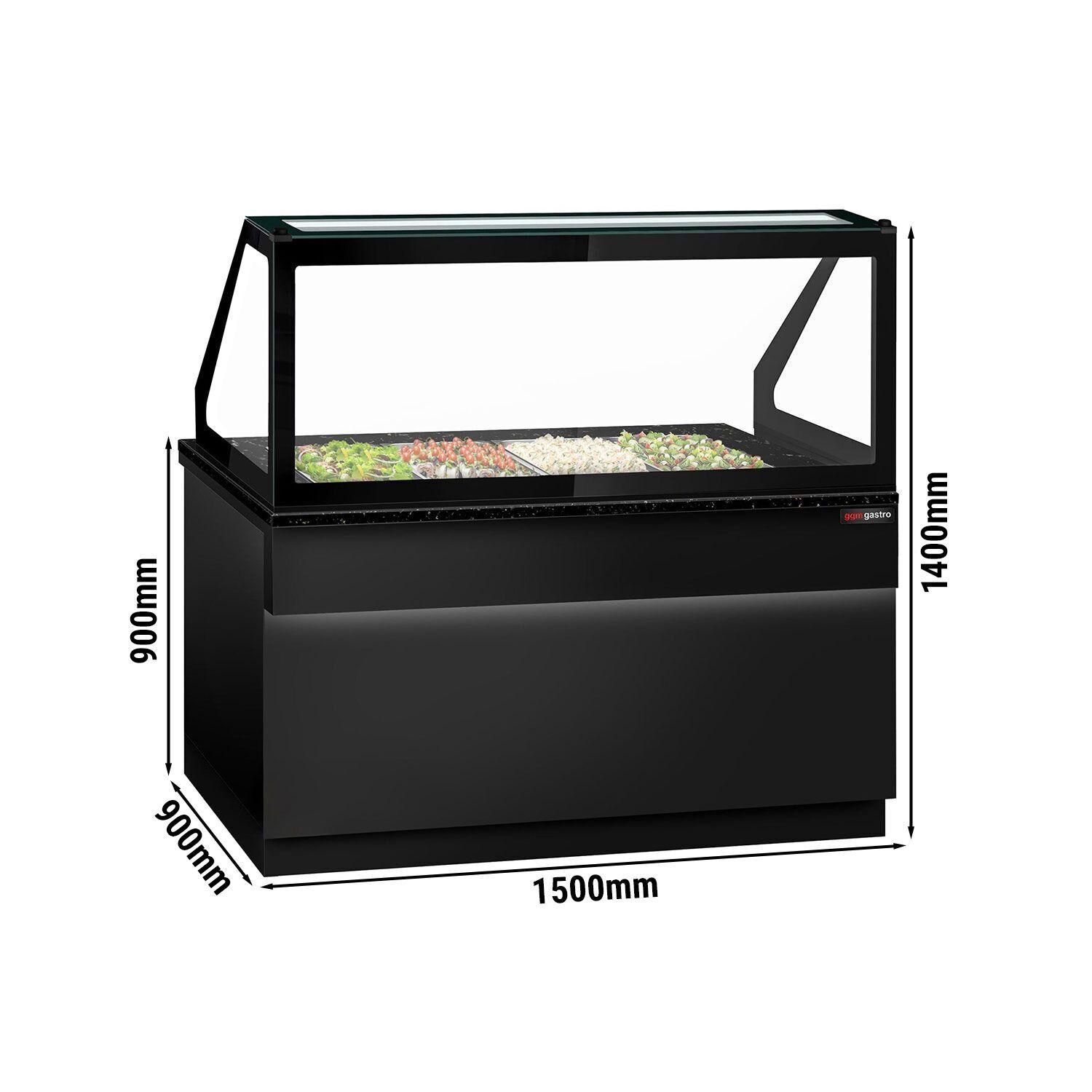 Mesa saladette refrigerada TORONTO - 1500mm - frontal negro - 2 puertas macizas - con vitrina de cristal para 4x GN 1/1 & 1 estante - encimera de granito negro
