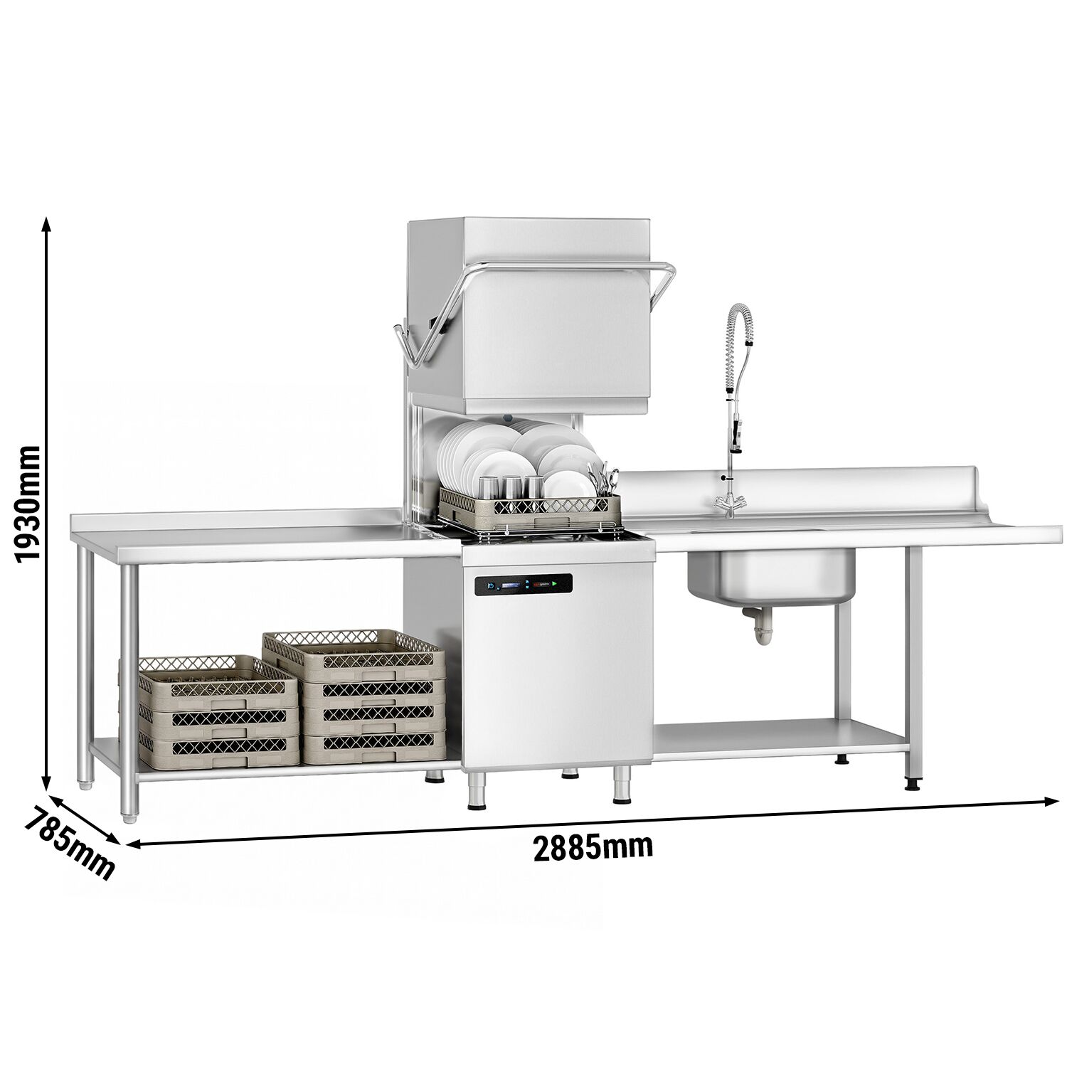 Pass Through Dishwasher - Digital Controls - 7.1kW - incl. Inlet Table right, Outlet Table left - with Detergent & Rinse Aid Dosing Pumps