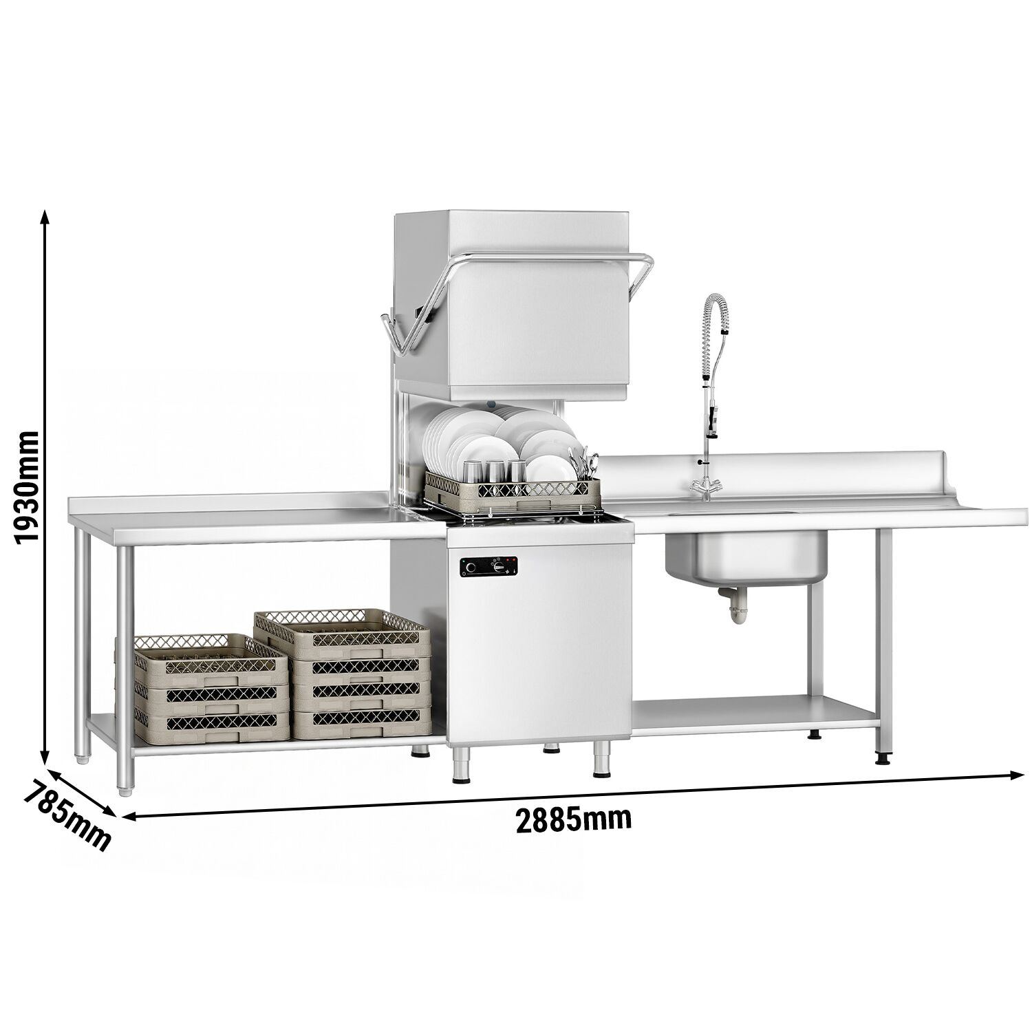 Pass Through Dishwasher - Mechanical Controls - 6,52 kW - incl. inlet table right & outlet table left - with detergent & rinse aid pump