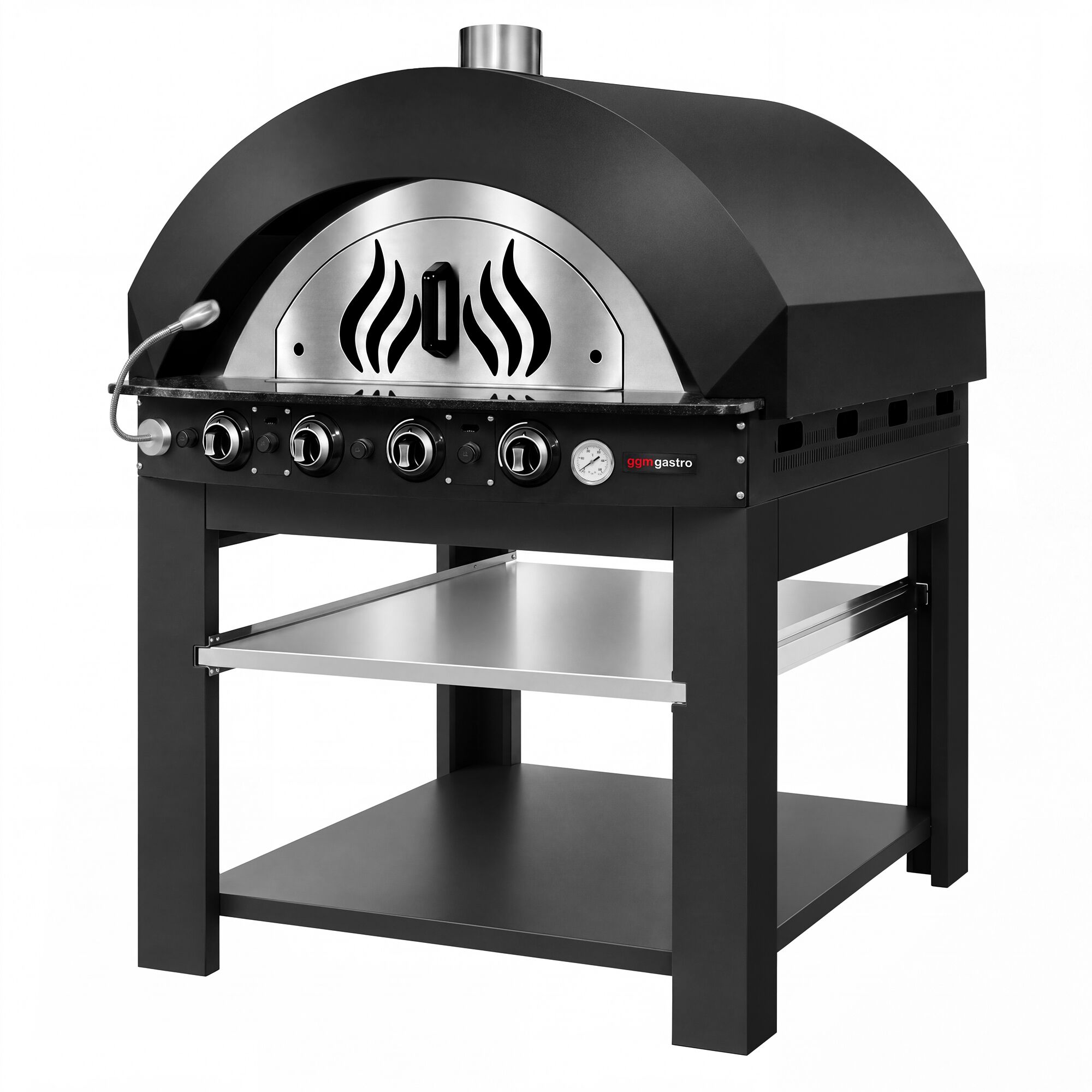 Gas Deck Pizza Oven - Single Deck - 4x Ø30 cm - Mechanical Controls - Black - up to 400°C - incl. Base frame