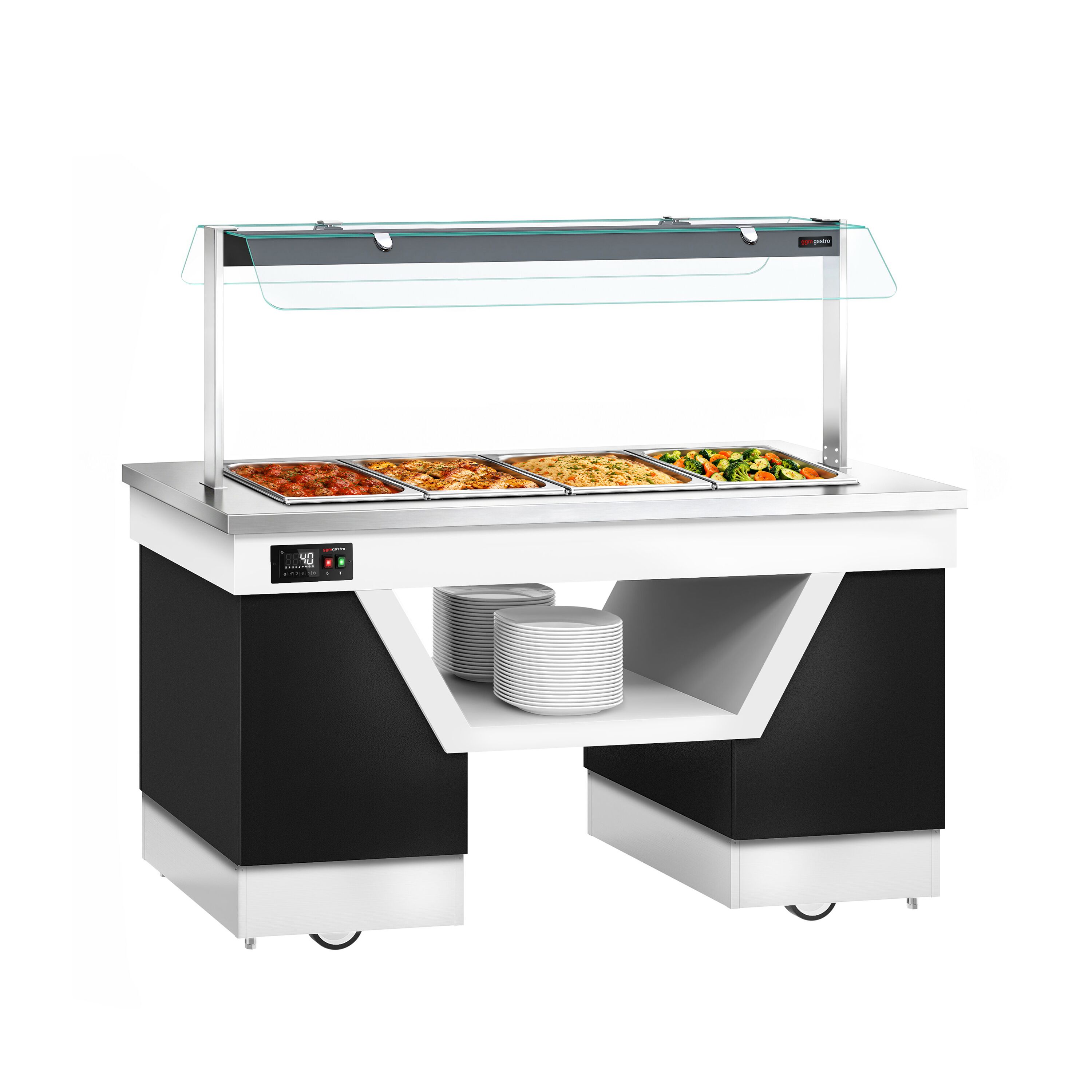 Hot buffet counter – with bain-marie – 1670 mm – for 4x GN 1/1 – incl. plate rack and castors