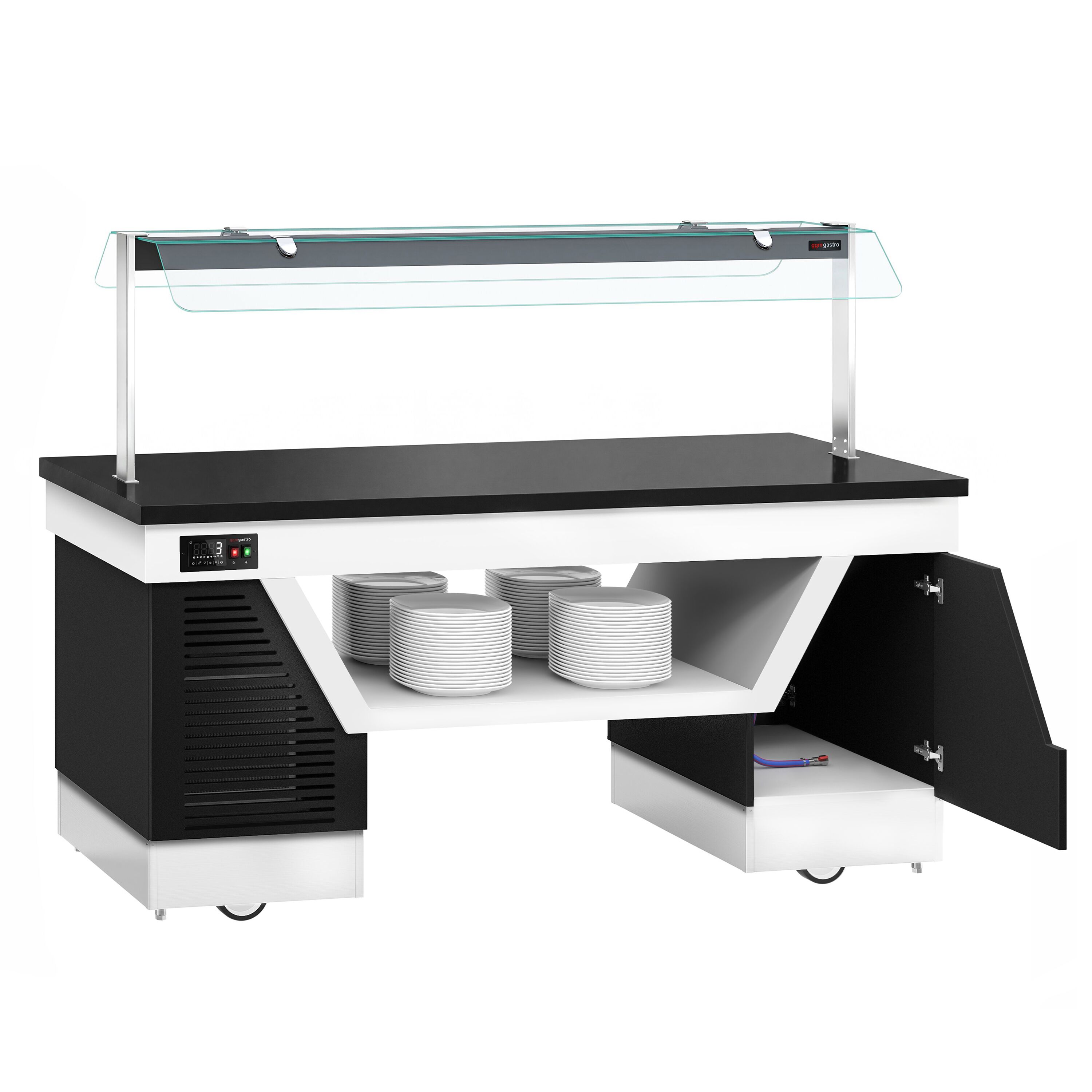 Cold buffet counter – with cooling plate – 2000 mm – for 5x GN 1/1 – incl. plate rack and castors