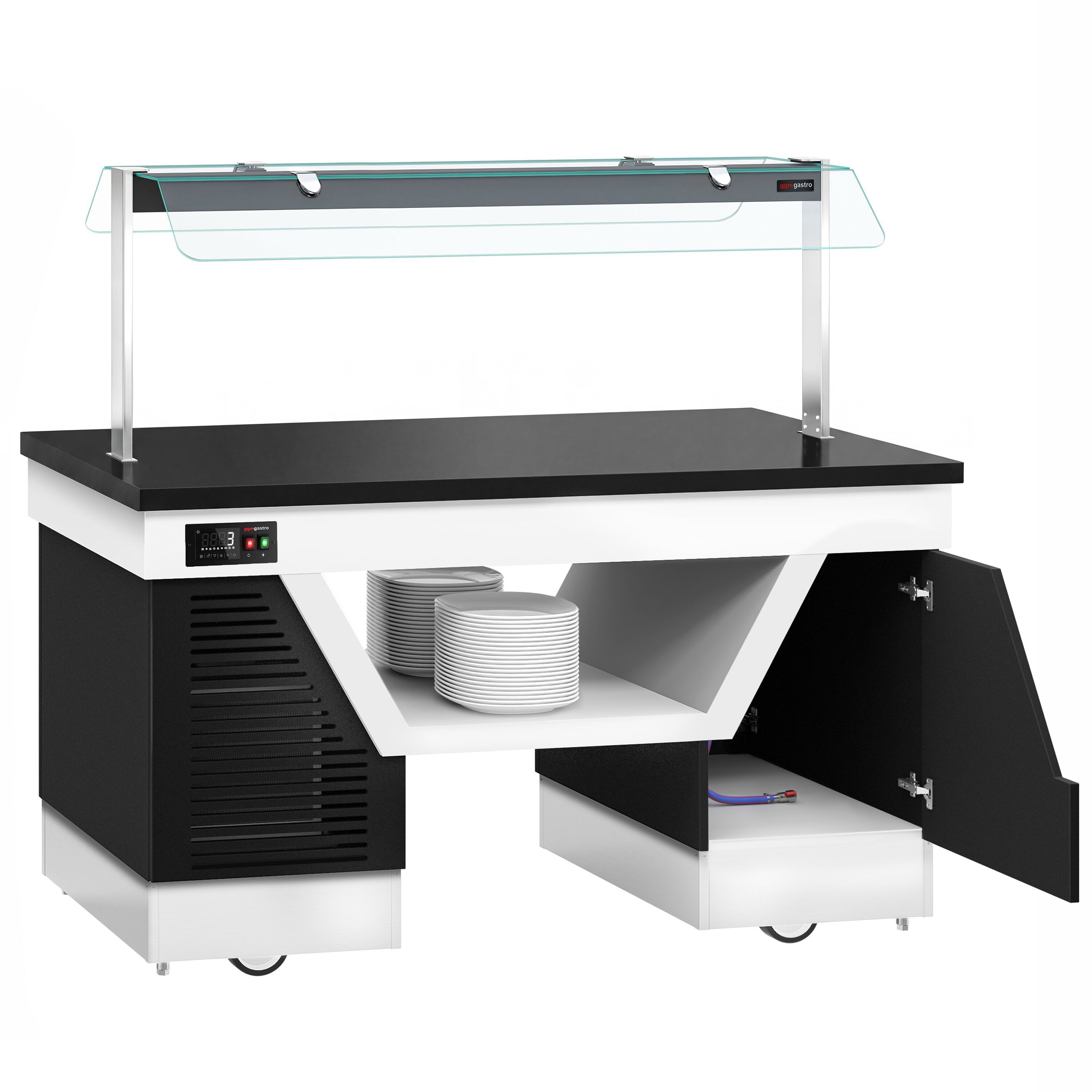 Cold buffet counter – with cooling plate – 1670 mm – for 4x GN 1/1 – incl. plate rack and castors
