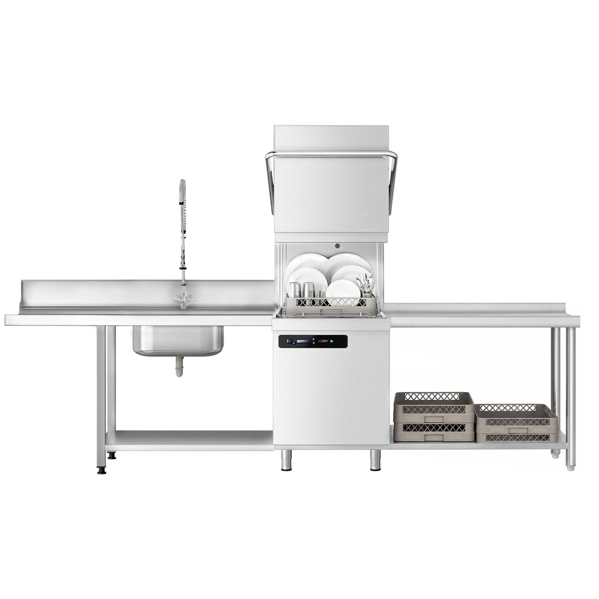 Pass Through Dishwasher - Digital Controls - 7.1kW - incl. Inlet Table left, Outlet Table right - with Detergent & Rinse Aid Dosing Pumps, Drain Pump