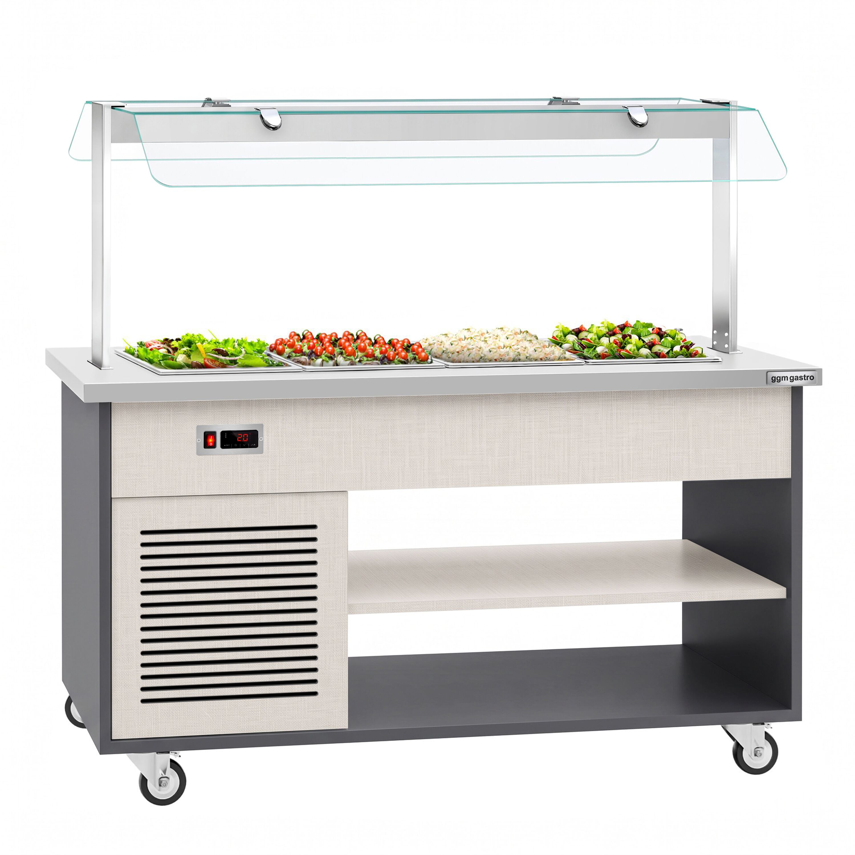 Refrigerated Salad Bar Trolley DANZIG - 1600mm - for 4x GN 1/1 - Mobile - with Gantry - with Sneeze Screen